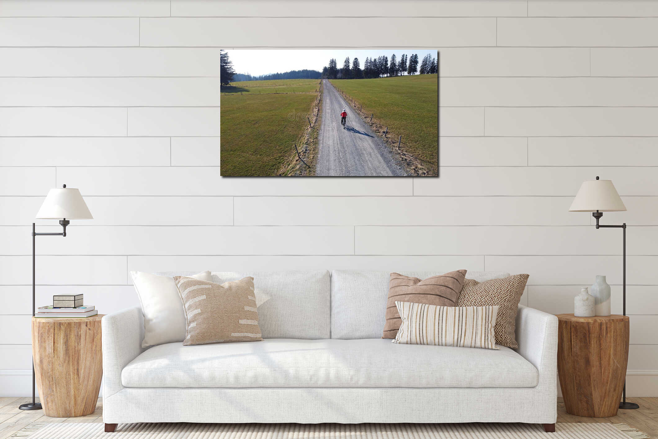 Aerial drone shot of female cyclist on lonely road with shadow interior mockup