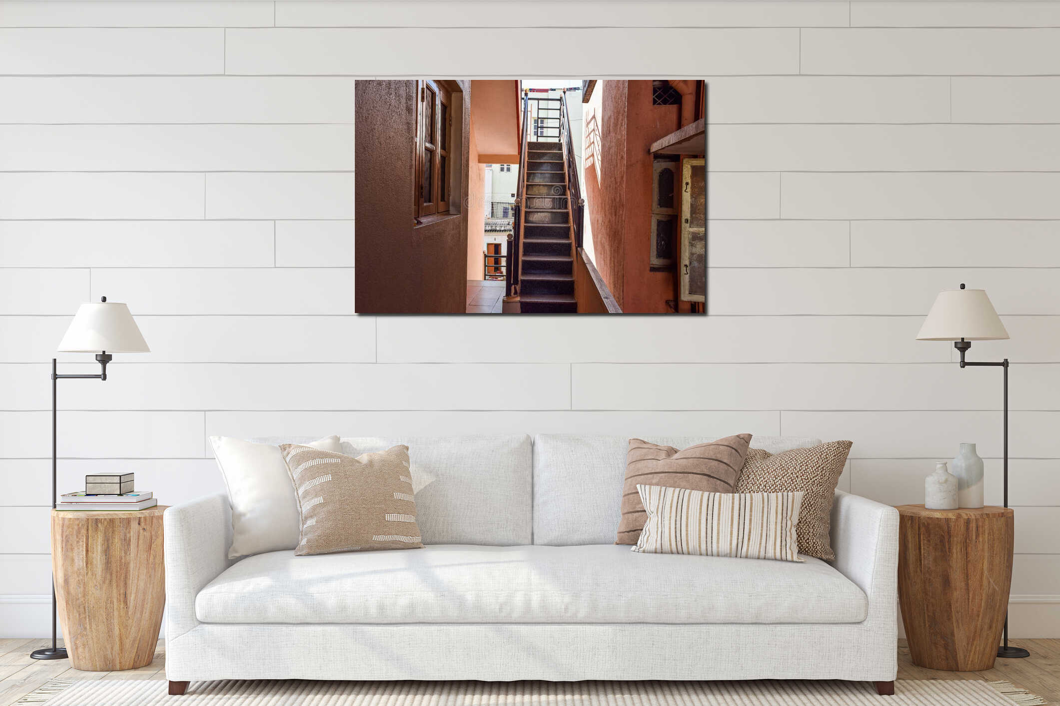 Stock photo of empty inside staircase in the residencial building, black color painted grill on both side of the stairs . Picture interior mockup