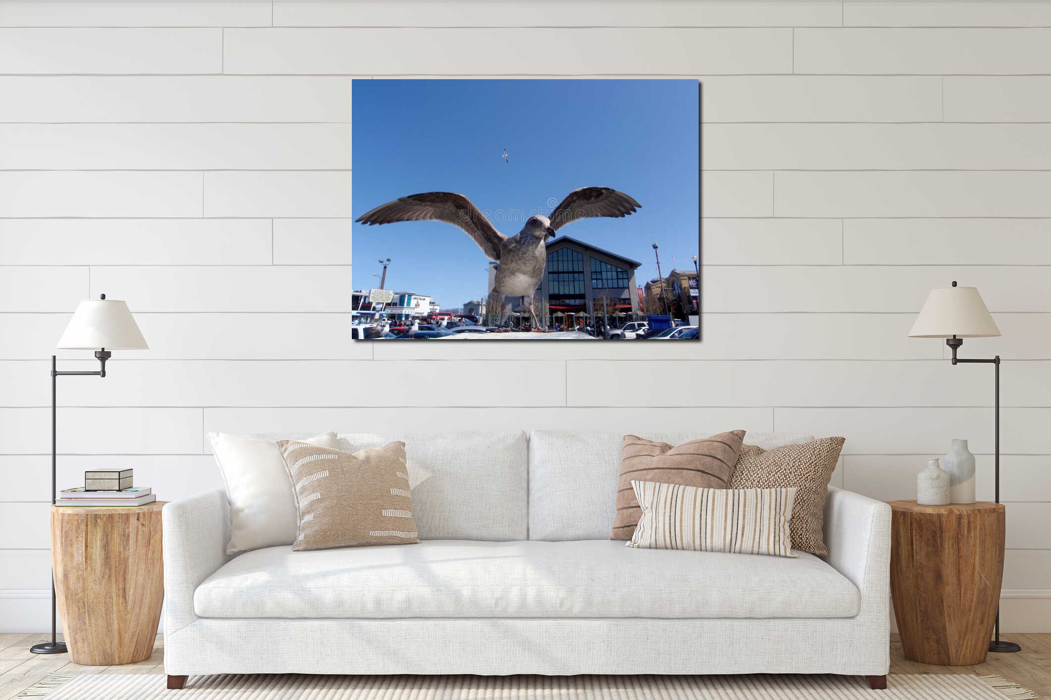 Seagull Bird spreads wings in Fisherman's Wharf interior mockup