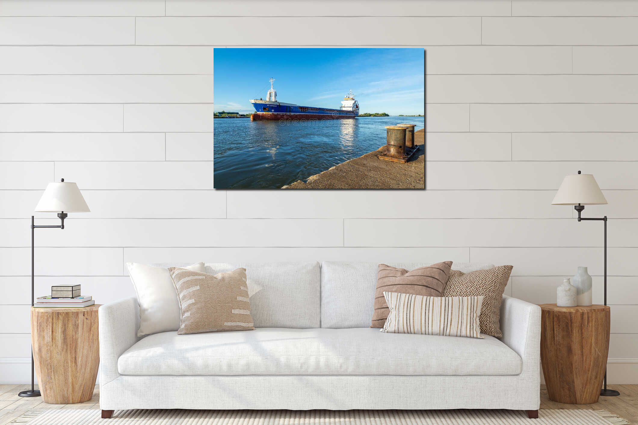 Vertical shot of a ship coming ashore in Sulina port, Romania interior mockup