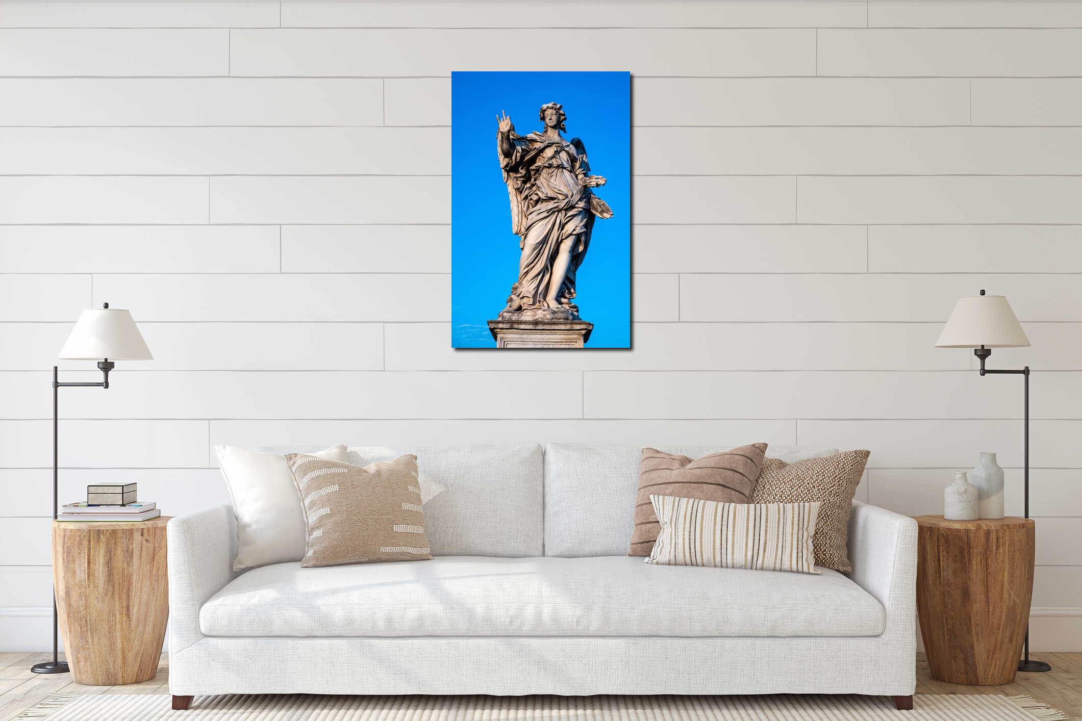 Angel with the Nails statue on Ponte Sant`Angelo Saint Angel Bridge over Tiber river in historic center of Rome in Italy interior mockup