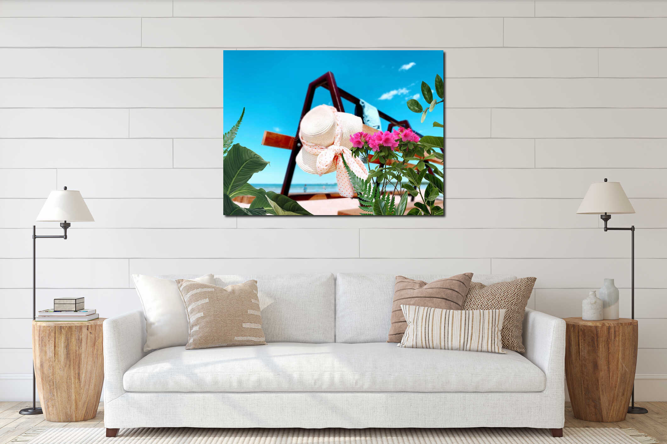 beach blue sky women hat on bench and tropical flowers on front interior mockup