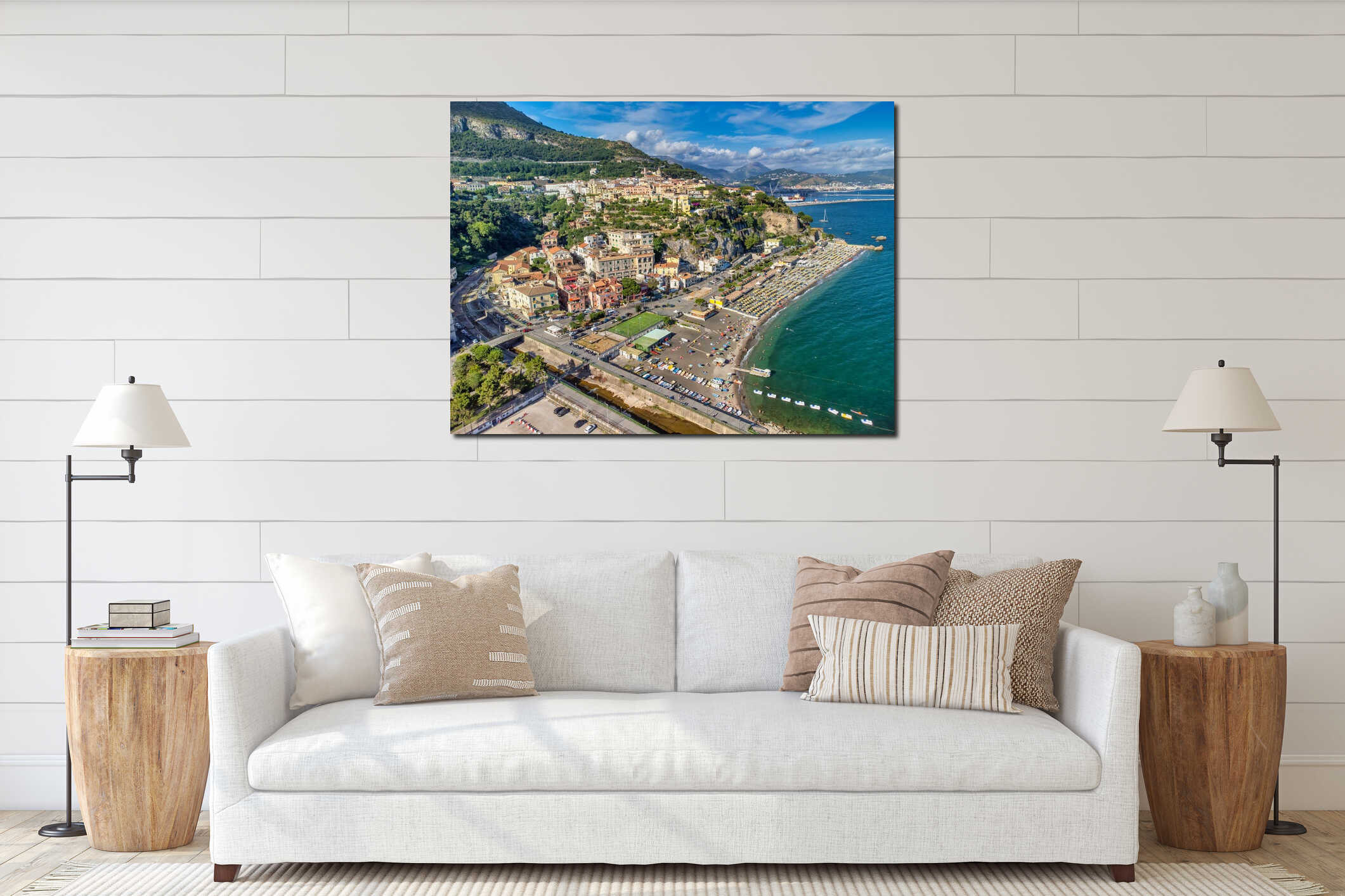 Beautiful aerial view of Vietri sul Mare Beach along the Amalfi Coast in summer season, drone viewpoint interior mockup