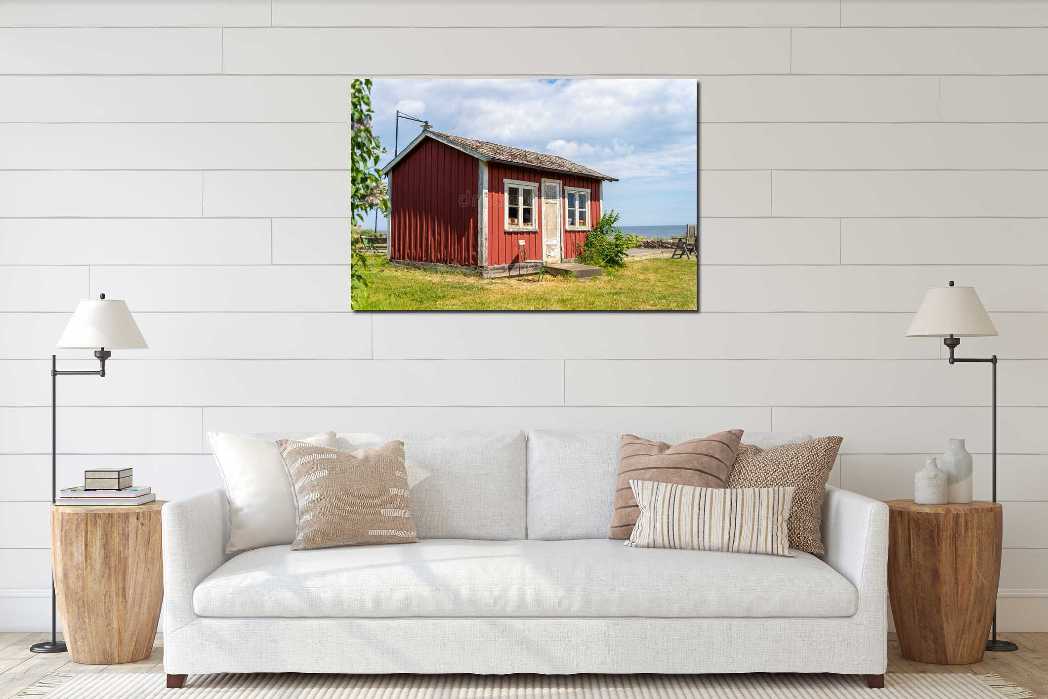 Red wooden fishing scandinavian buildings over the fjord. Black and green roofs. The coast of central Sweden interior mockup