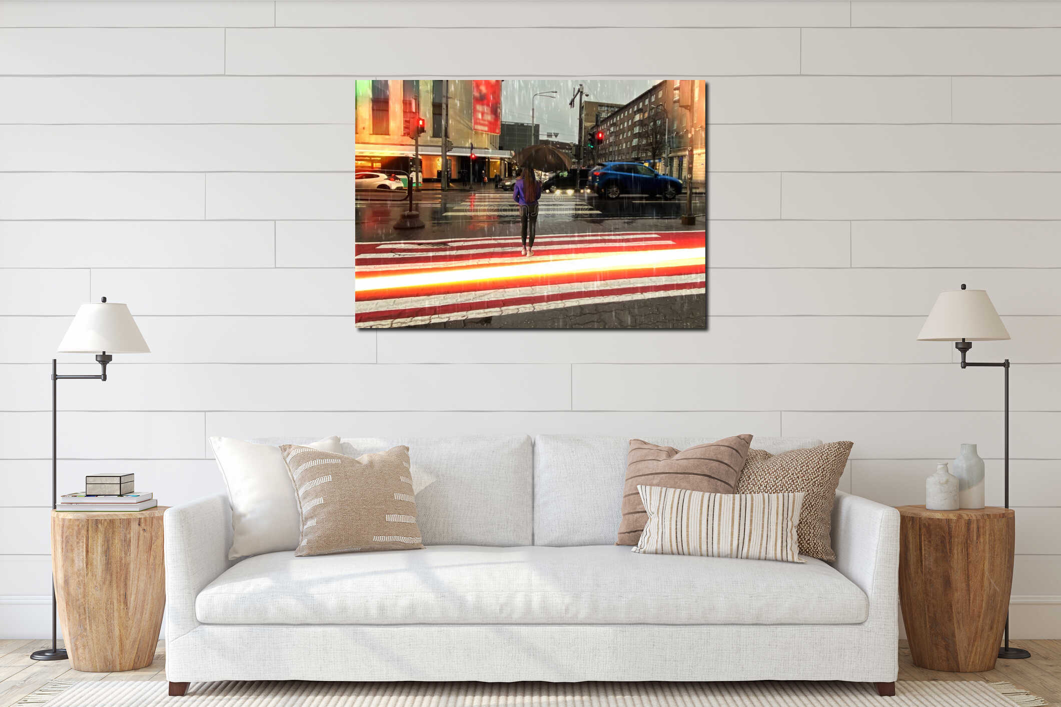 Rainy street evening blurred light city building car traffic girl with umbrella pedestrian crossing with traffic lights interior mockup