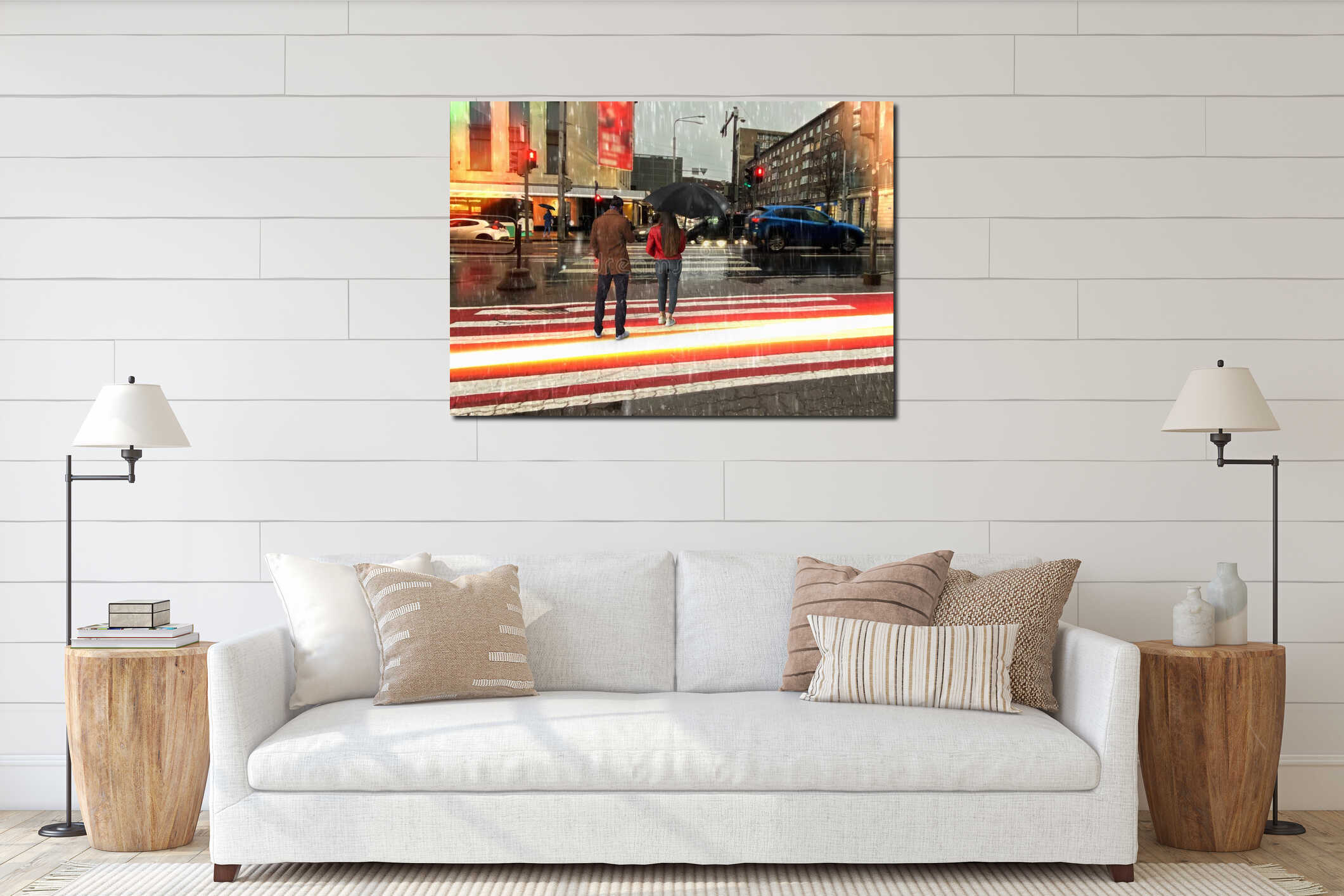 Rainy street evening blurred light city building car traffic girl with umbrella pedestrian crossing with traffic lights interior mockup