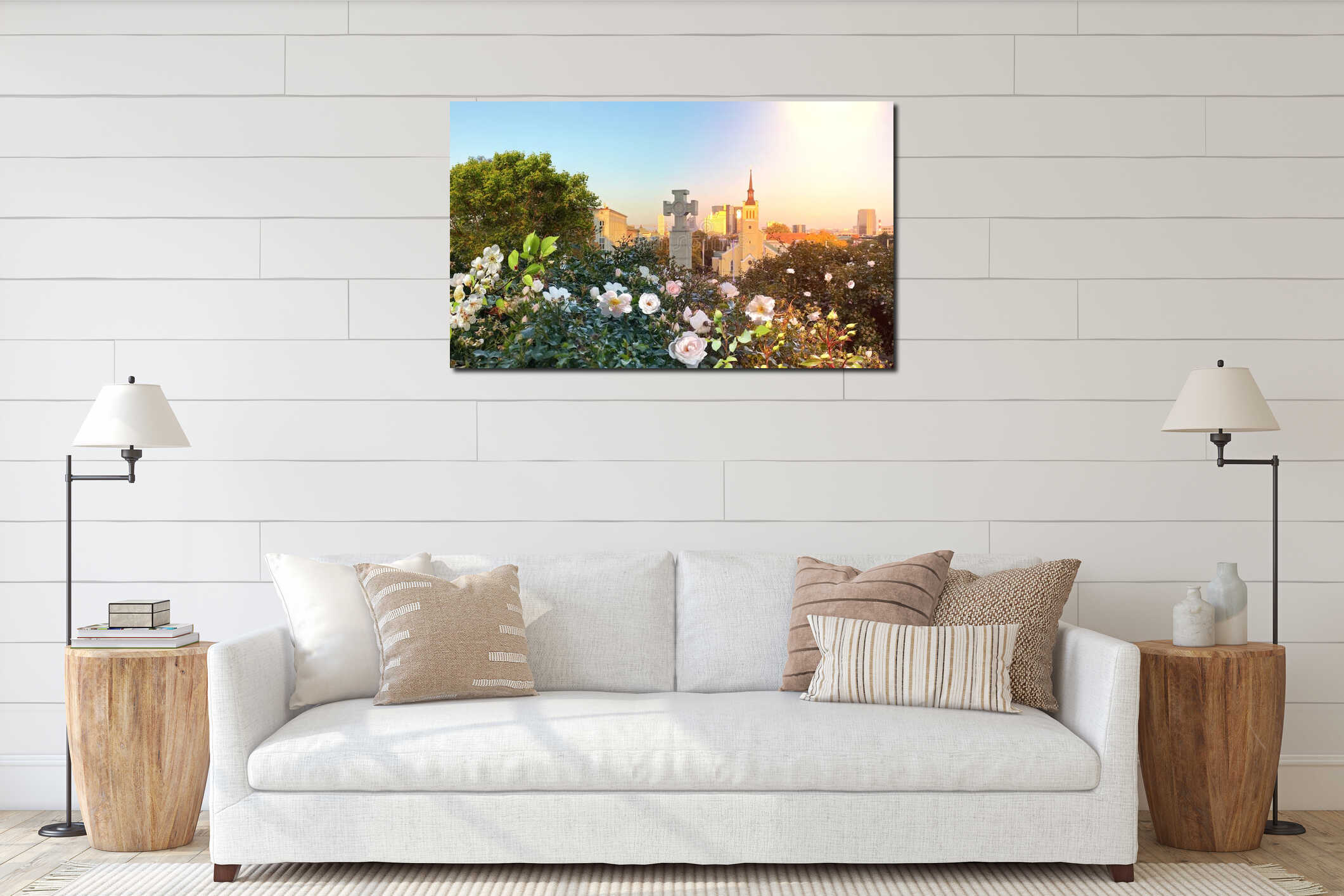 Panorama of Tallinn Freedom Square from the hill of the old town the roofs of churches and the freedom monument to the rosebush at interior mockup
