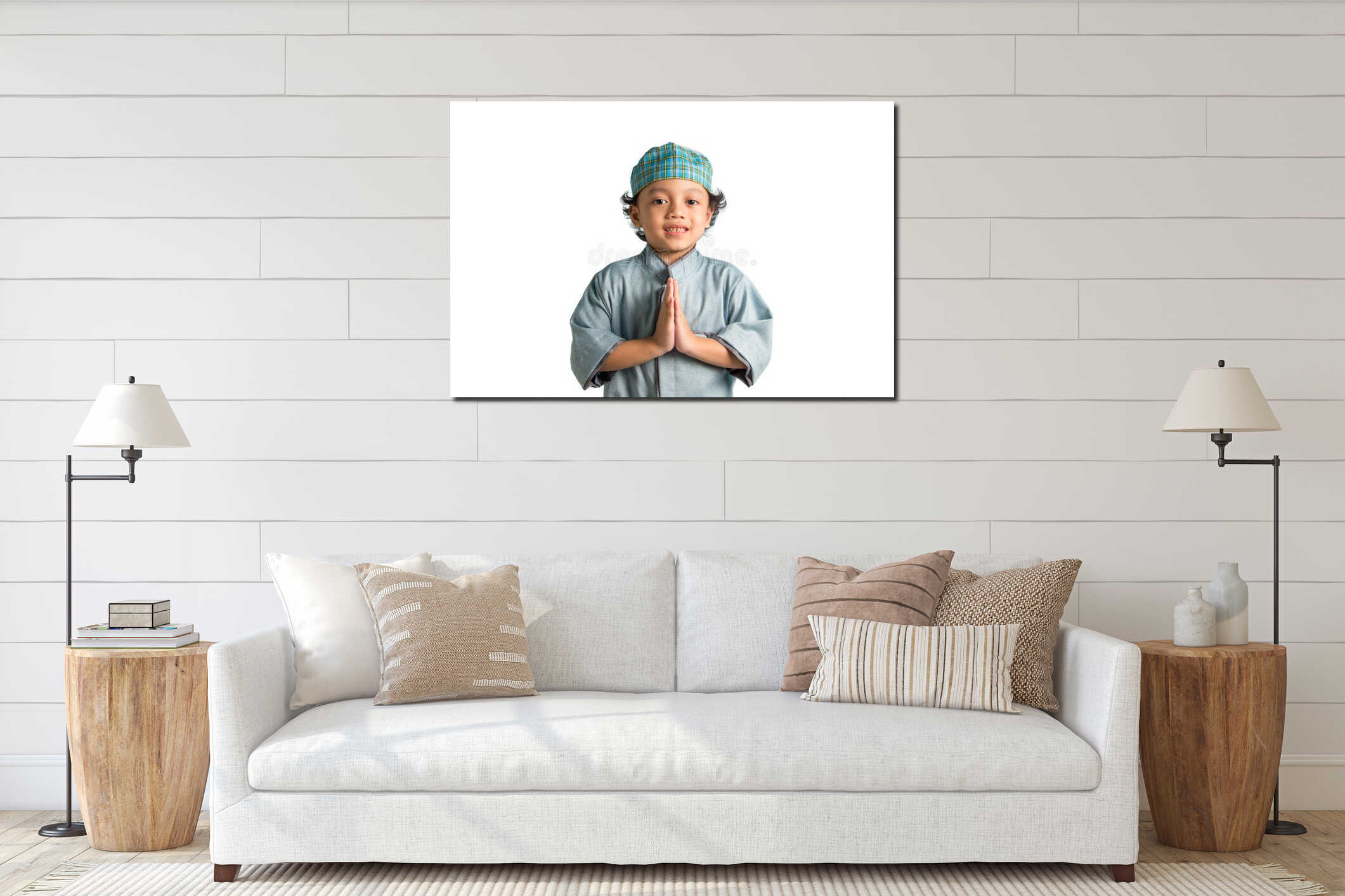 smiling asian muslim kid welcoming guests or eid al fitr greetings interior mockup
