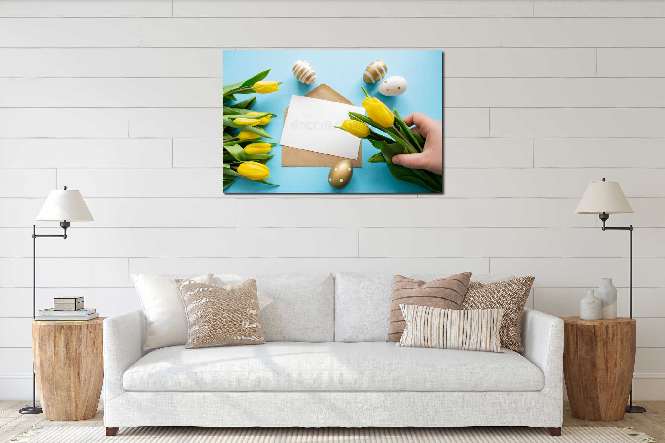 Easter: white, golden eggs, yellow tulips. Letter with copy space, blue background. Hand holds few tulips interior mockup