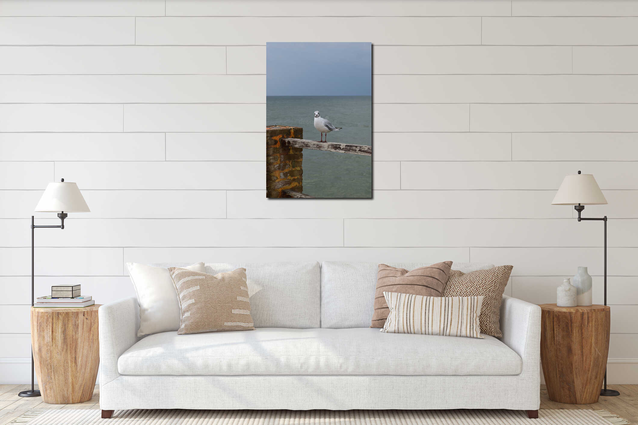 One seagull sits on a old sea pier interior mockup
