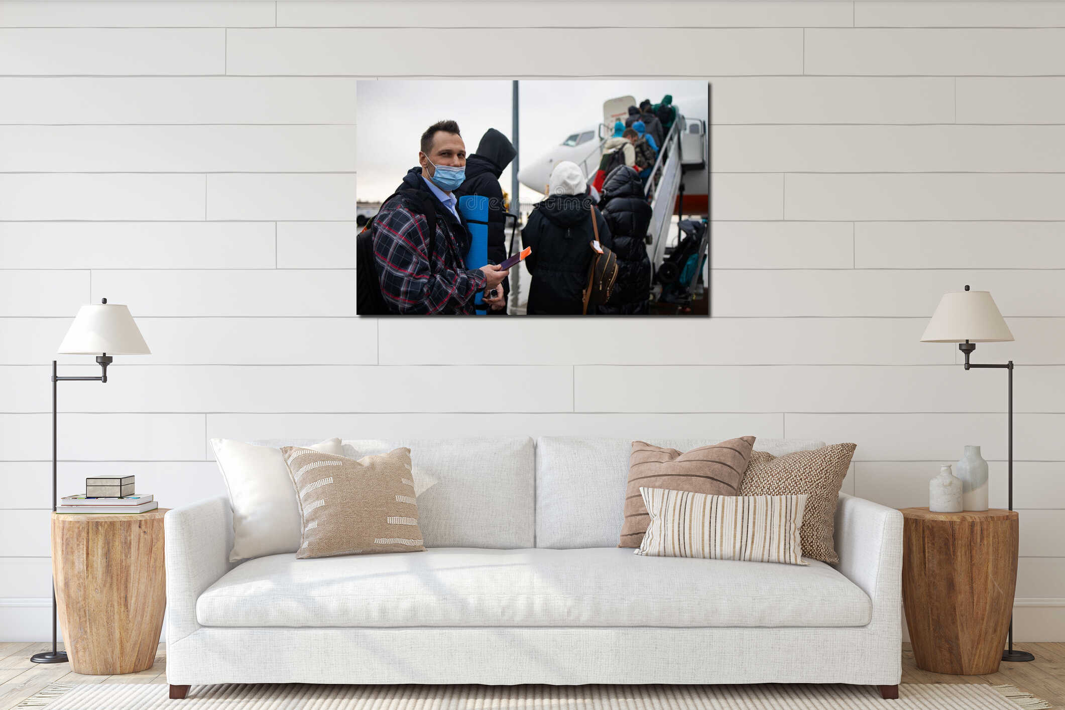 Masked people board the flight. Travel during quarantine. A passenger in mask. interior mockup