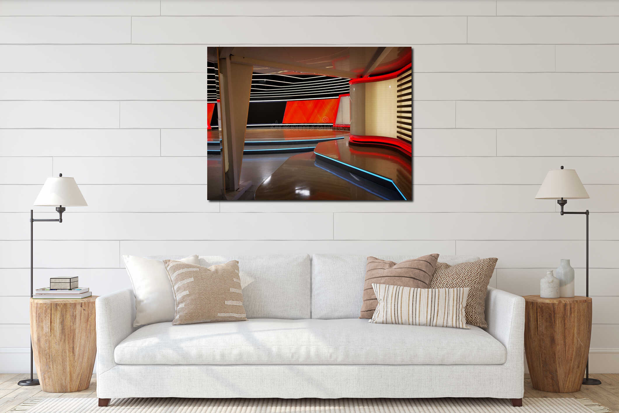 3D Render, red blue neon lines, virtual space, ultraviolet light interior mockup