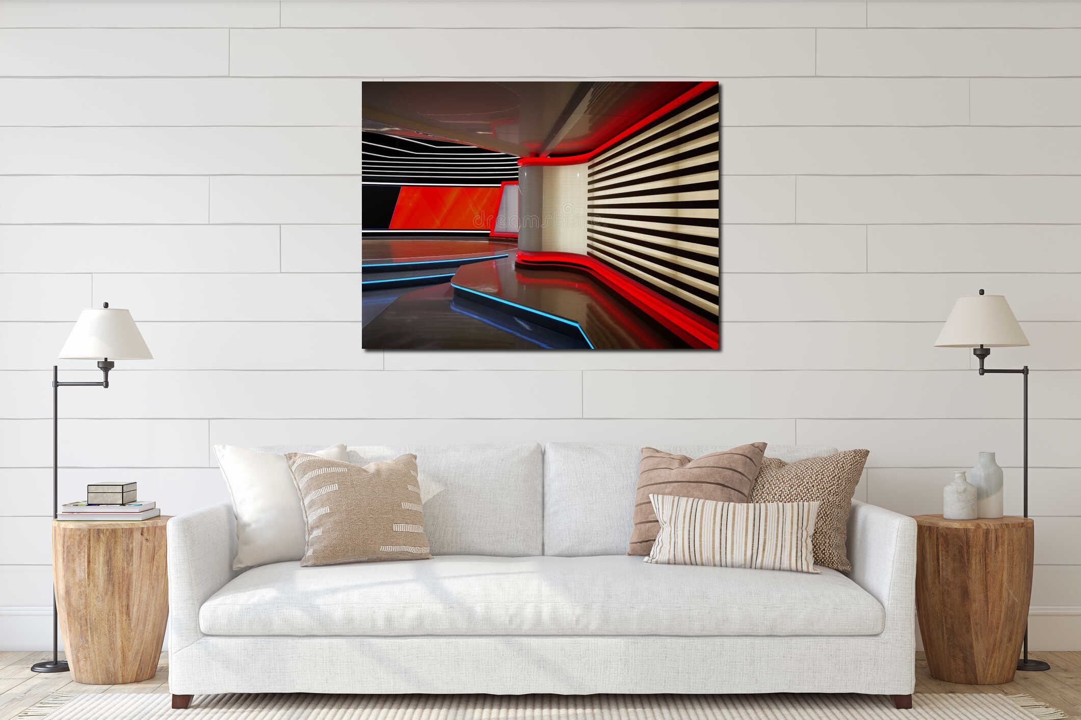 3D Render, red blue neon lines, virtual space, ultraviolet light interior mockup