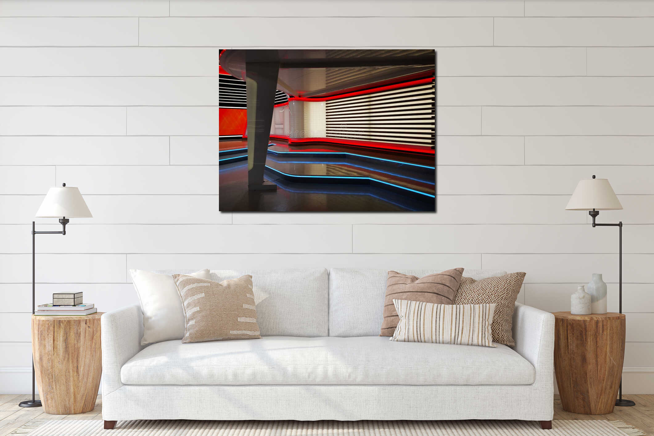 3D Render, red blue neon lines, virtual space, ultraviolet light interior mockup