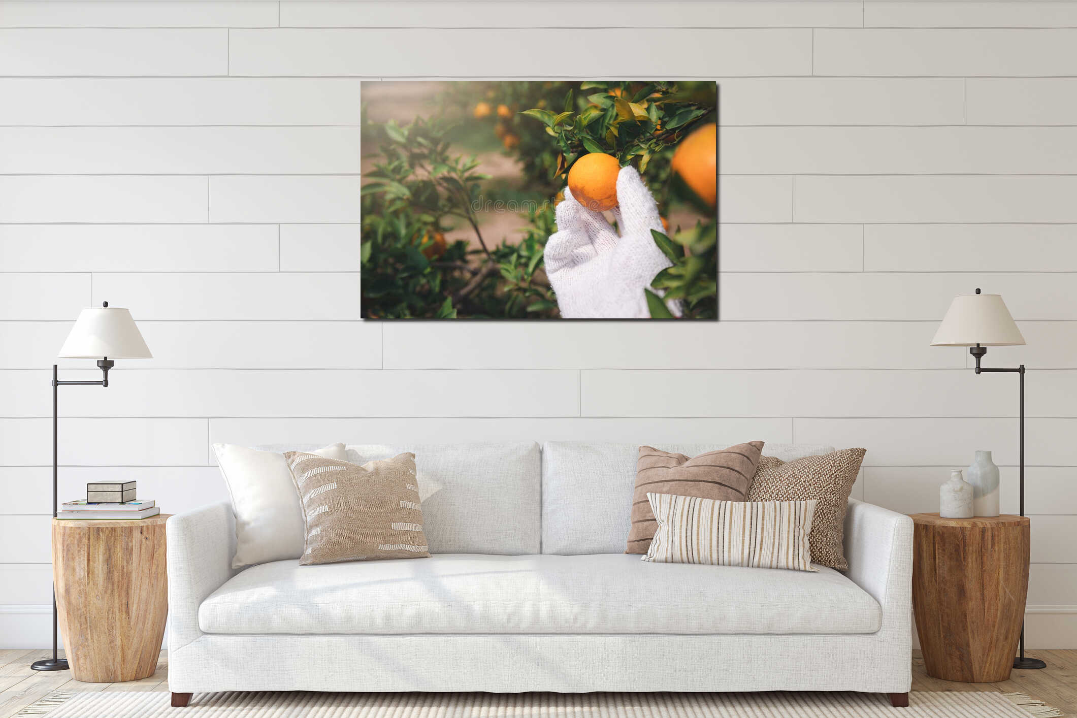 Close up of farmer or gardener hand with glove checking orange on the tree interior mockup