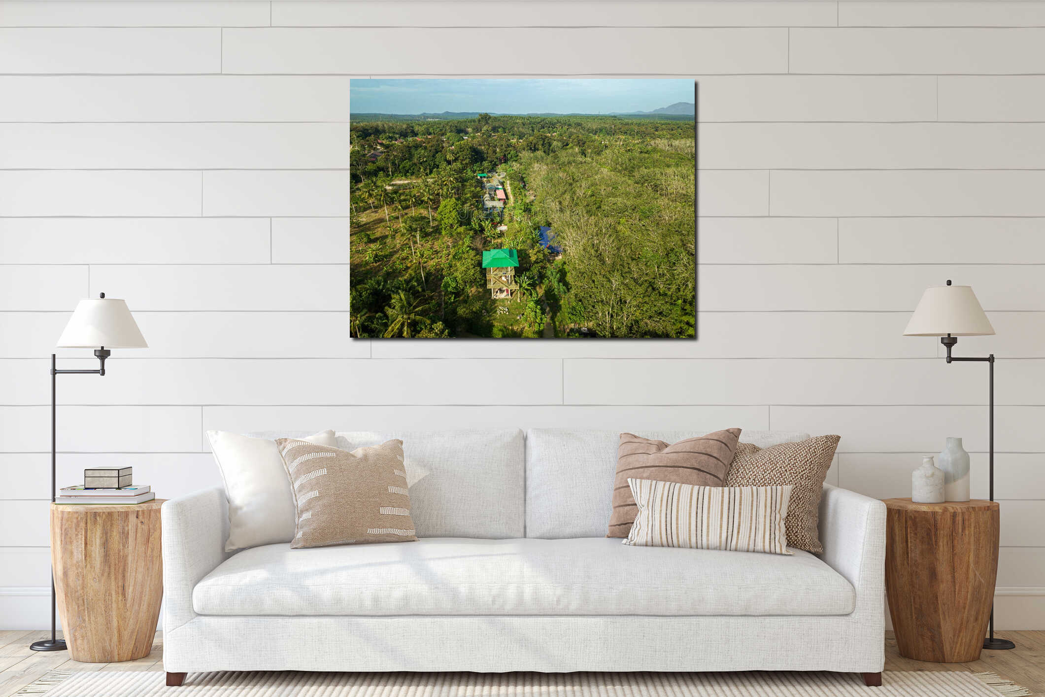 Aerial drone view of a lookout tower with green roof at a farmland in Jasin, Melaka, Malaysia interior mockup
