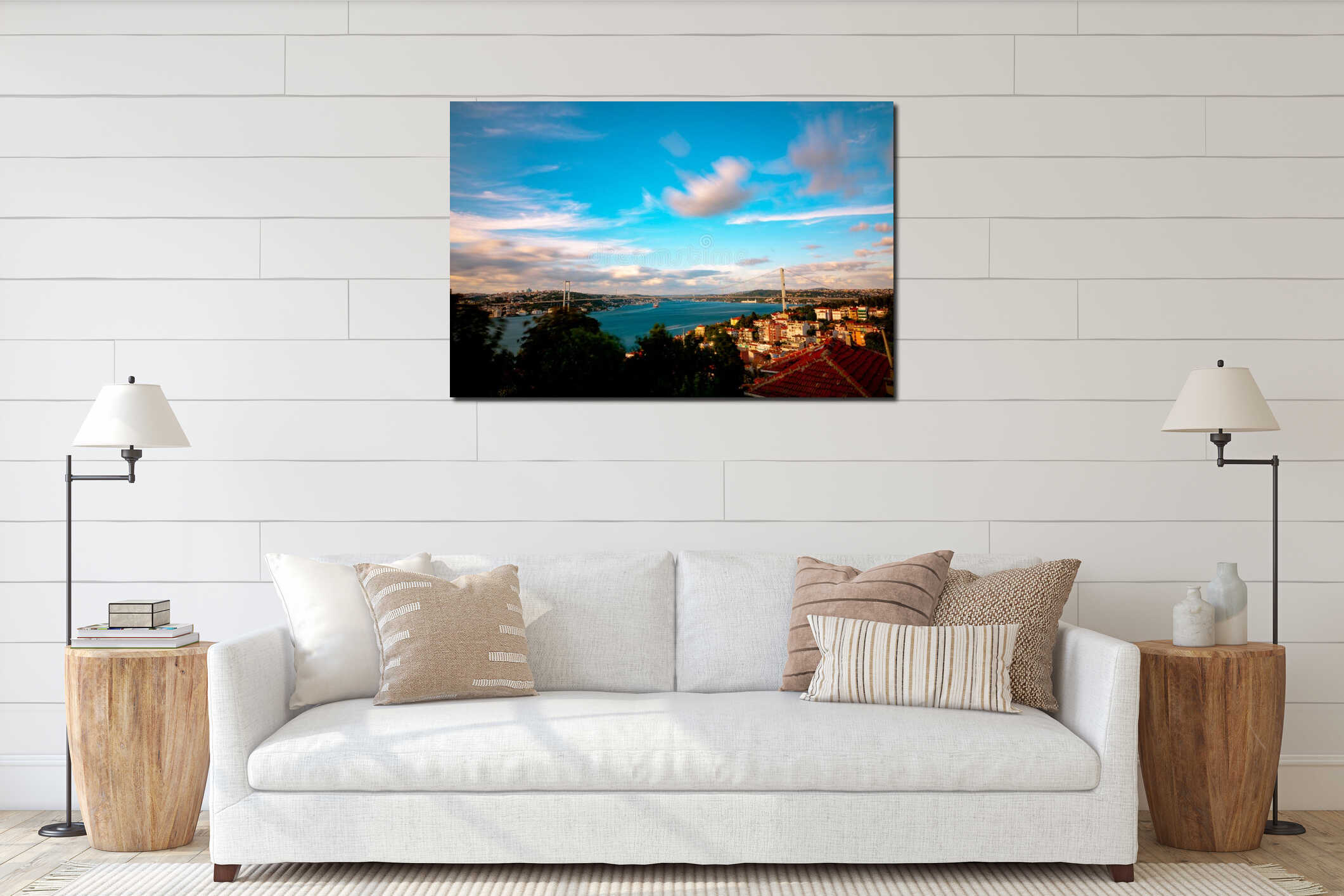 Istanbul view at sunset. Bosphorus Bridge and cityscape of Istanbul at sunset interior mockup