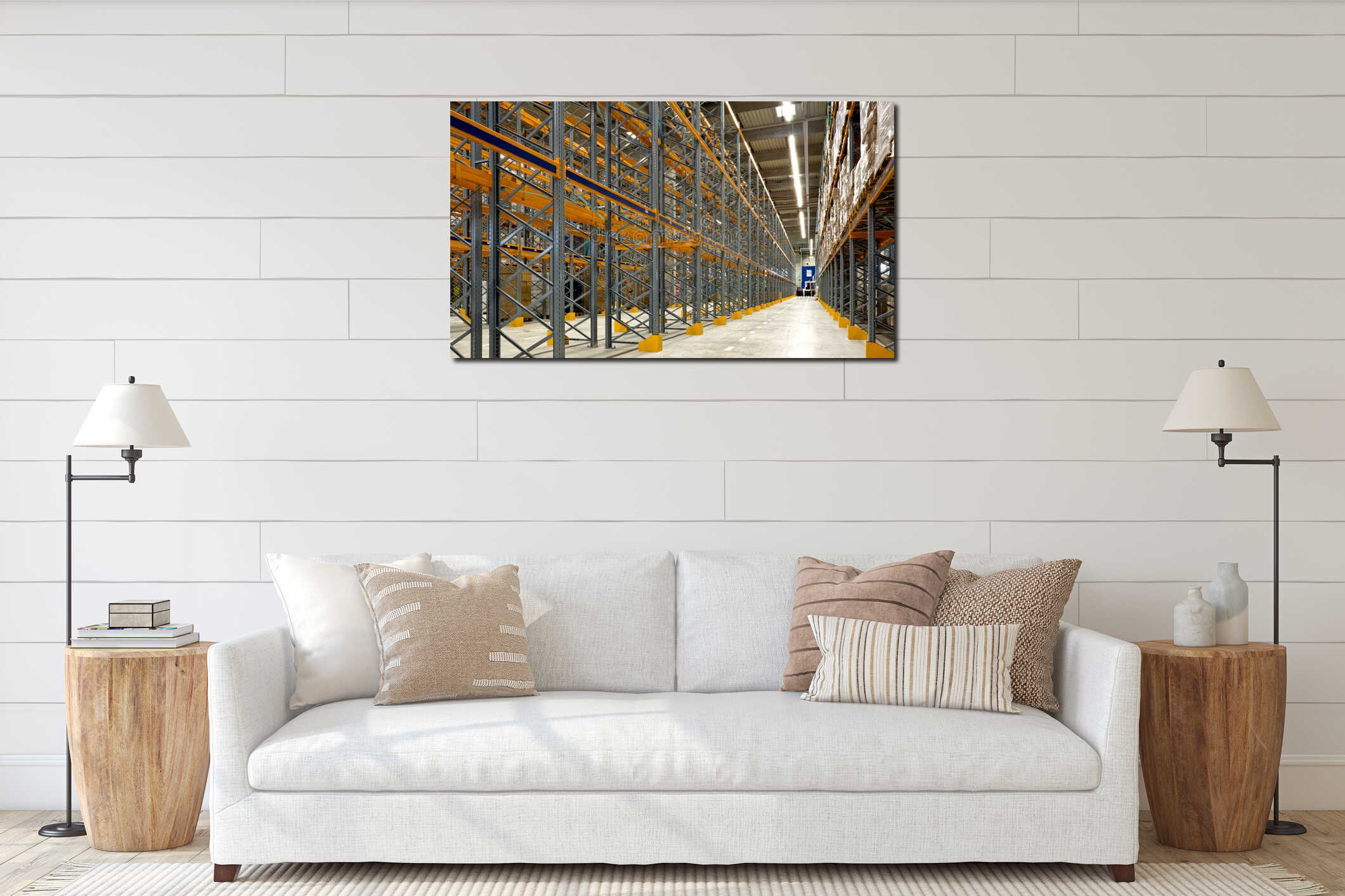 Large industrial warehouse interior mockup