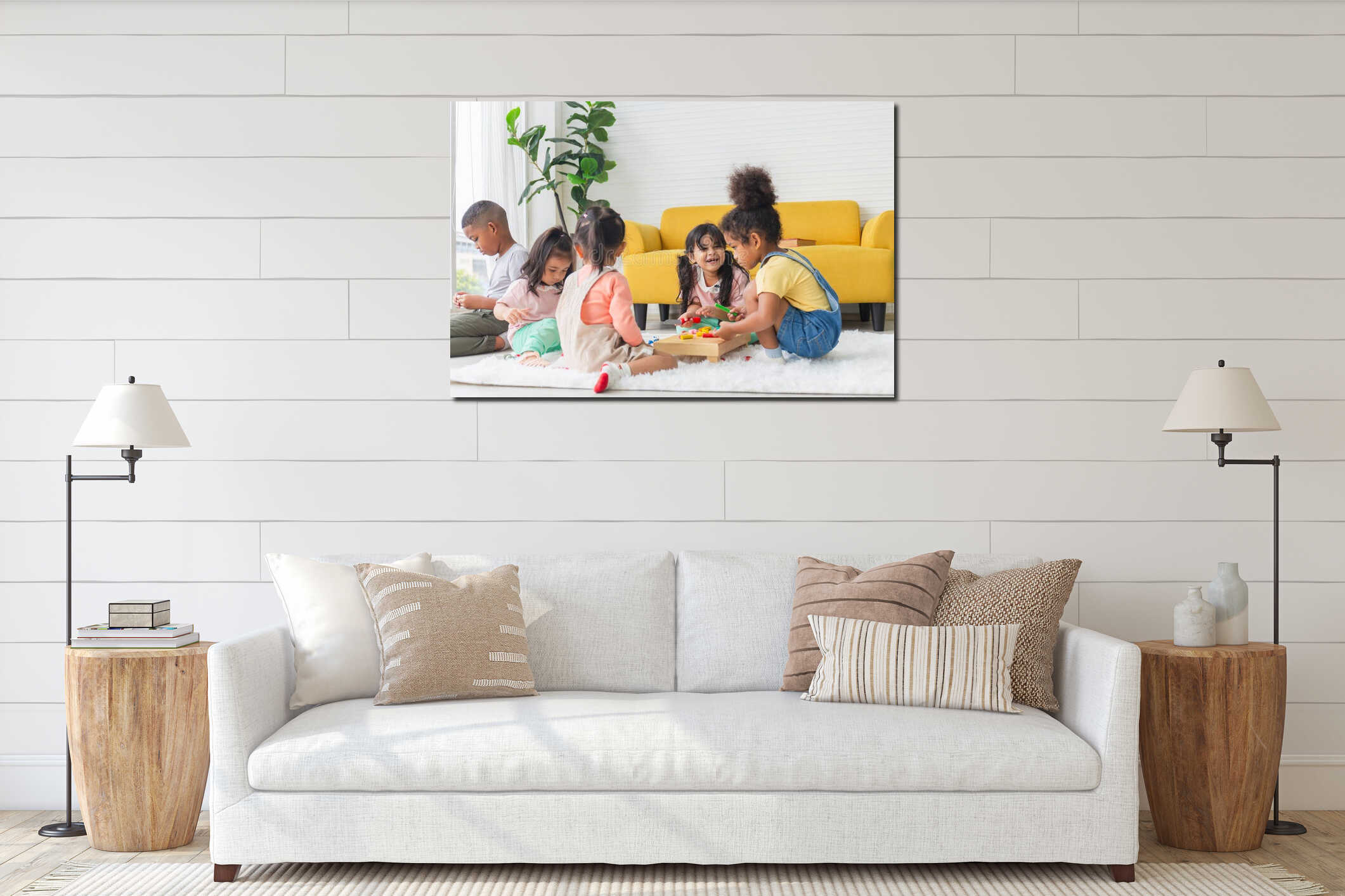 Cute little children playing toys in living room, Diverse children enjoying playing with toys interior mockup
