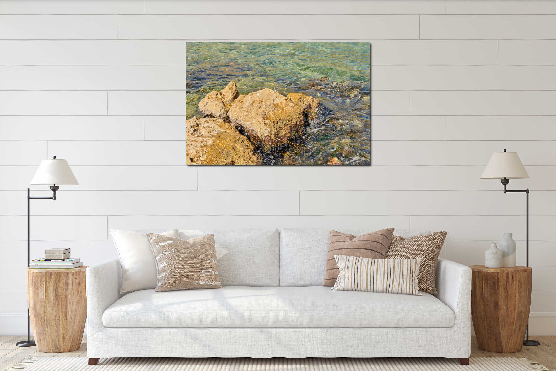 huge stones lie in the water in the sea interior mockup