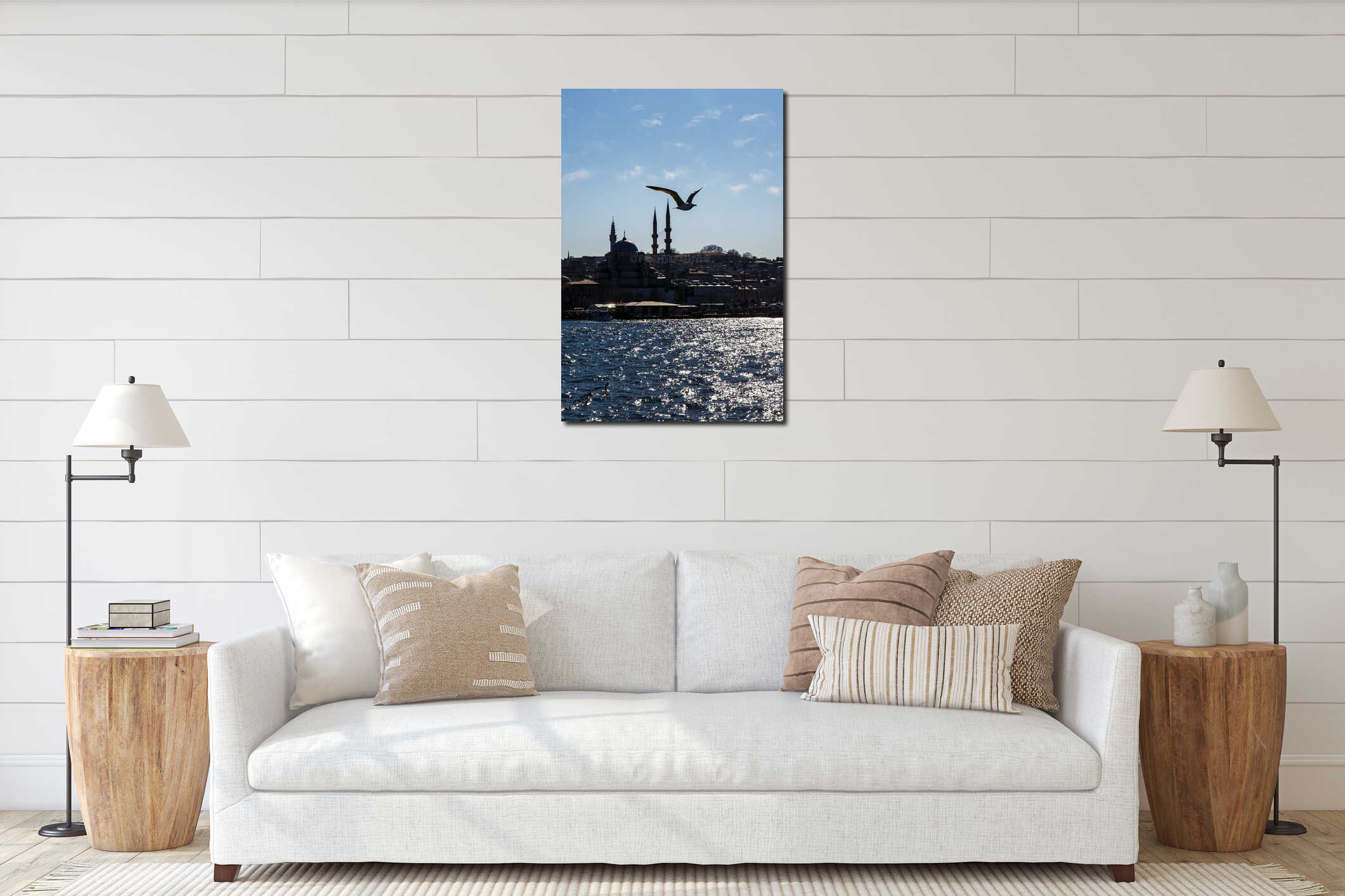 The seagull, spreading its wings, flies over Istanbul and Bosphorus landscape. interior mockup