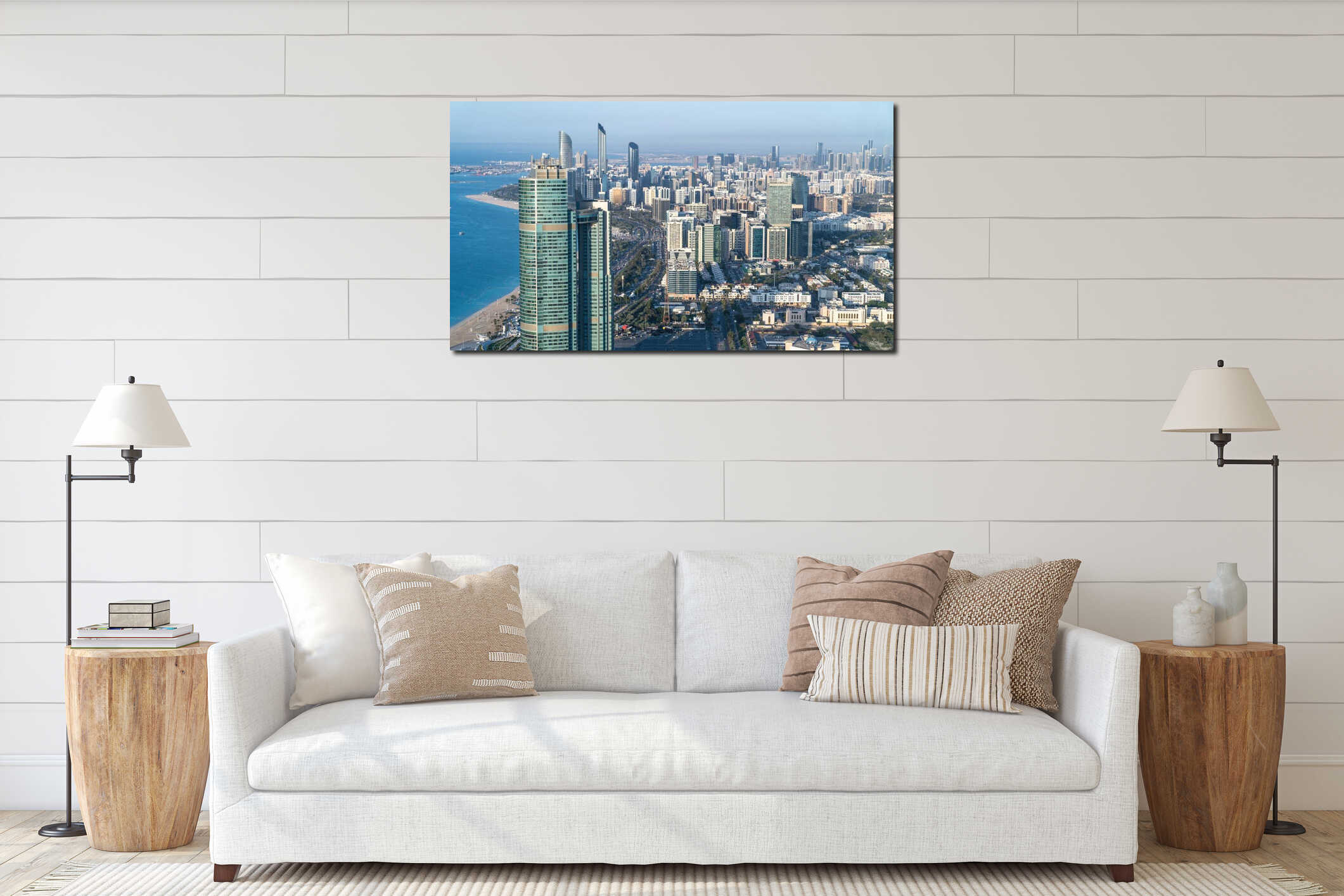 Panoramic Abu Dhabi city skyline in United Arab Emirates interior mockup