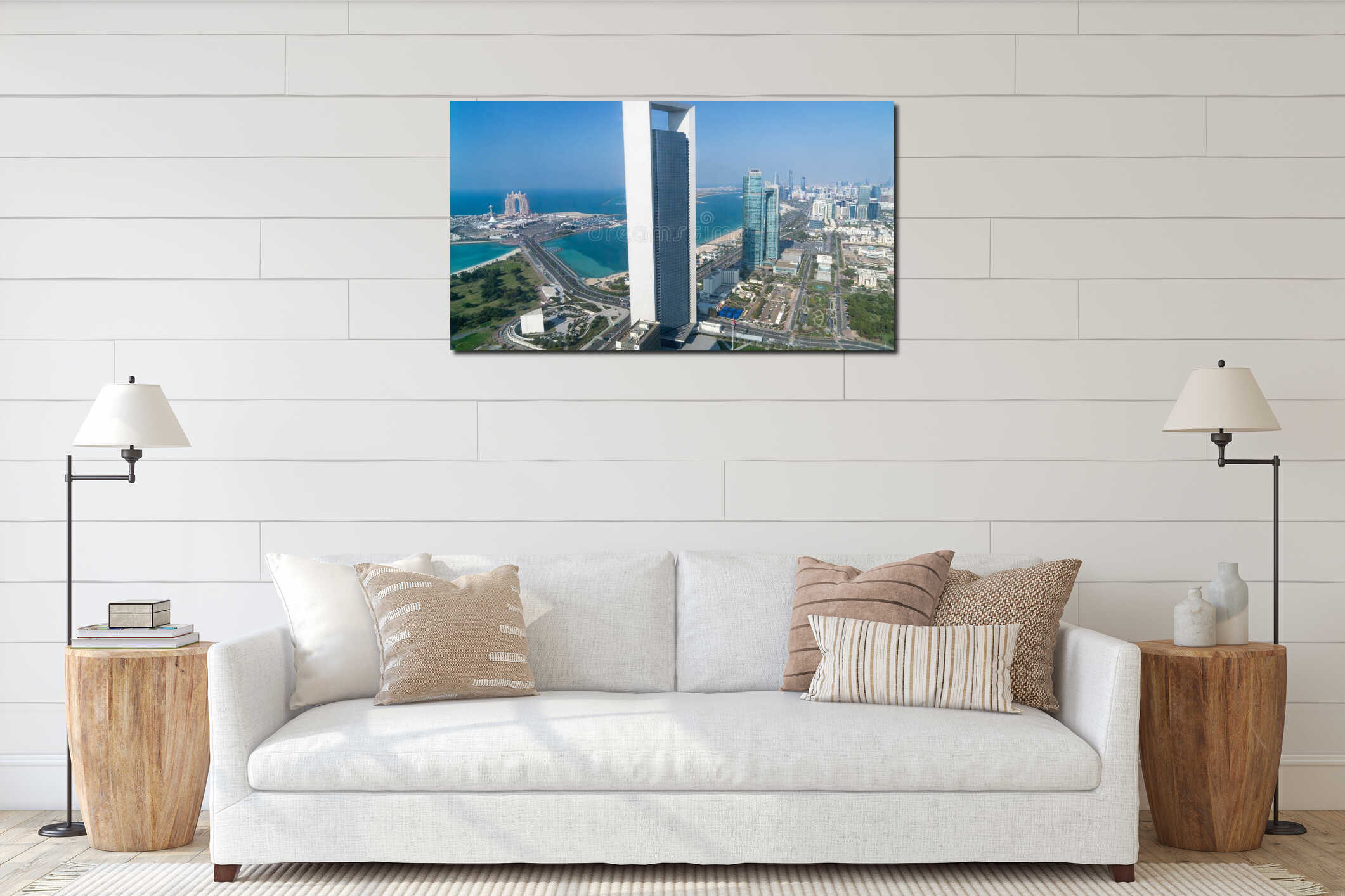 Panoramic Abu Dhabi city skyline in United Arab Emirates interior mockup