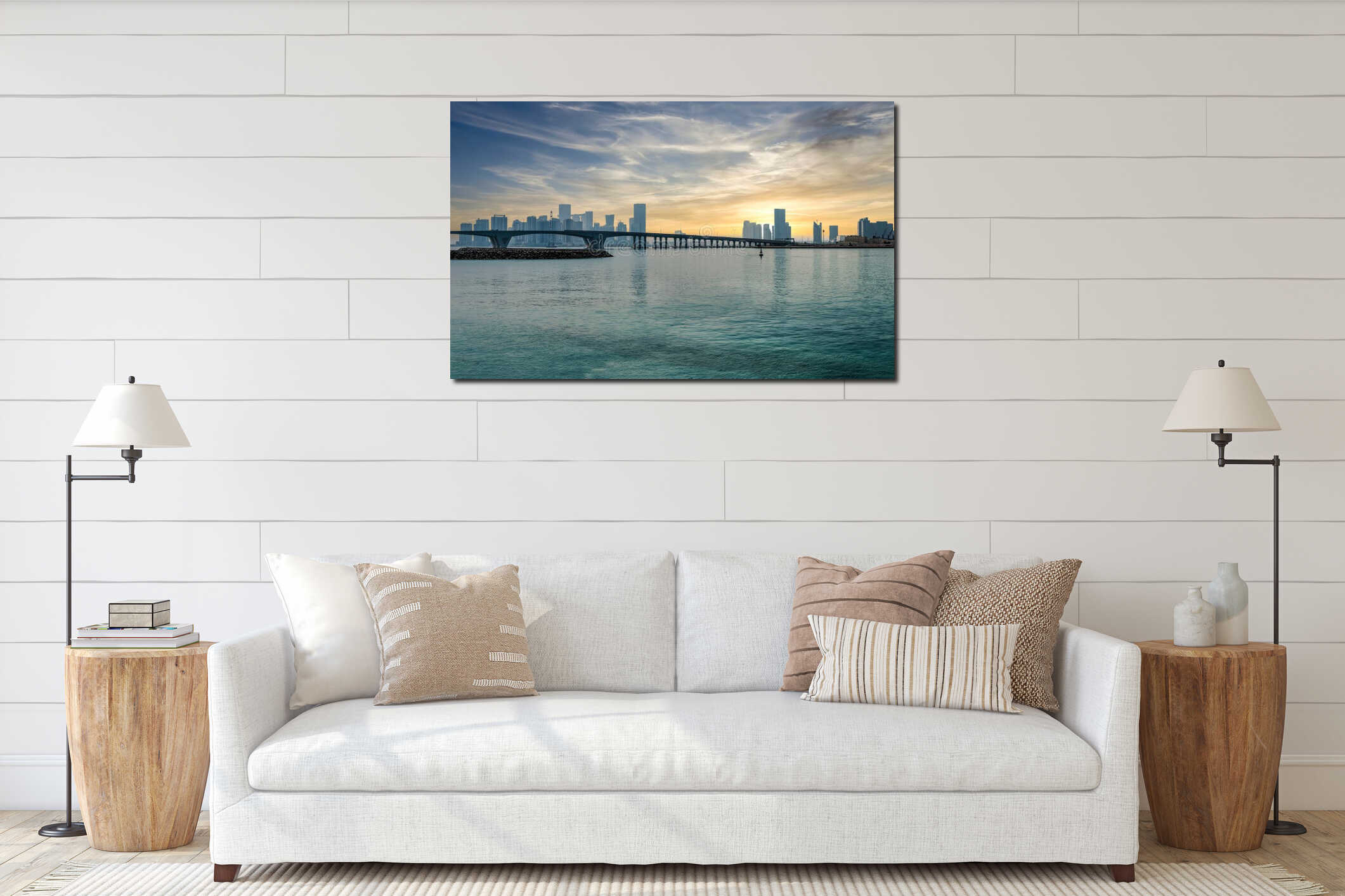 Panoramic Abu Dhabi city skyline in United Arab Emirates interior mockup