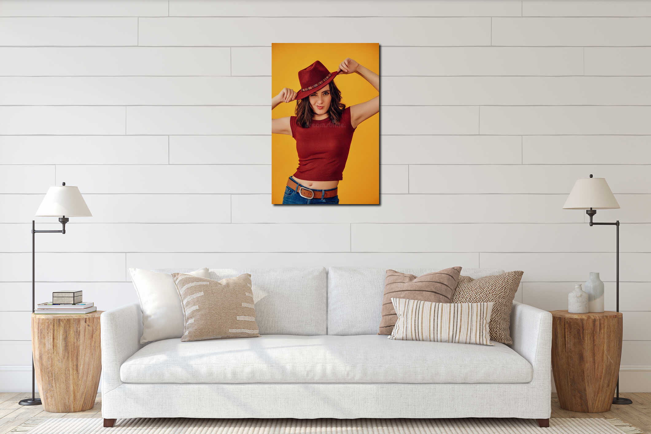 Playful young adult woman with red hat studio portrait interior mockup