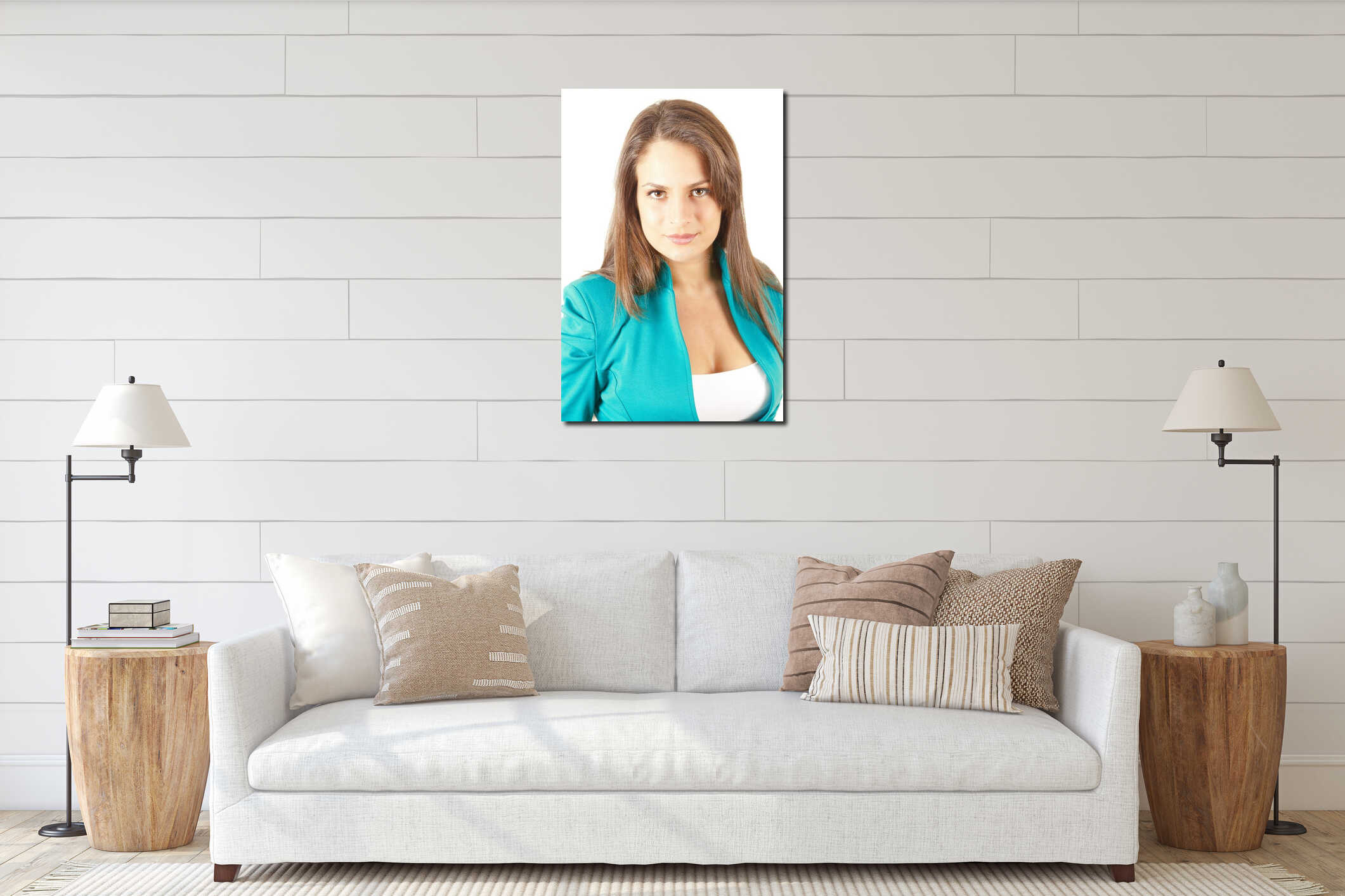 Confident young woman portrait interior mockup
