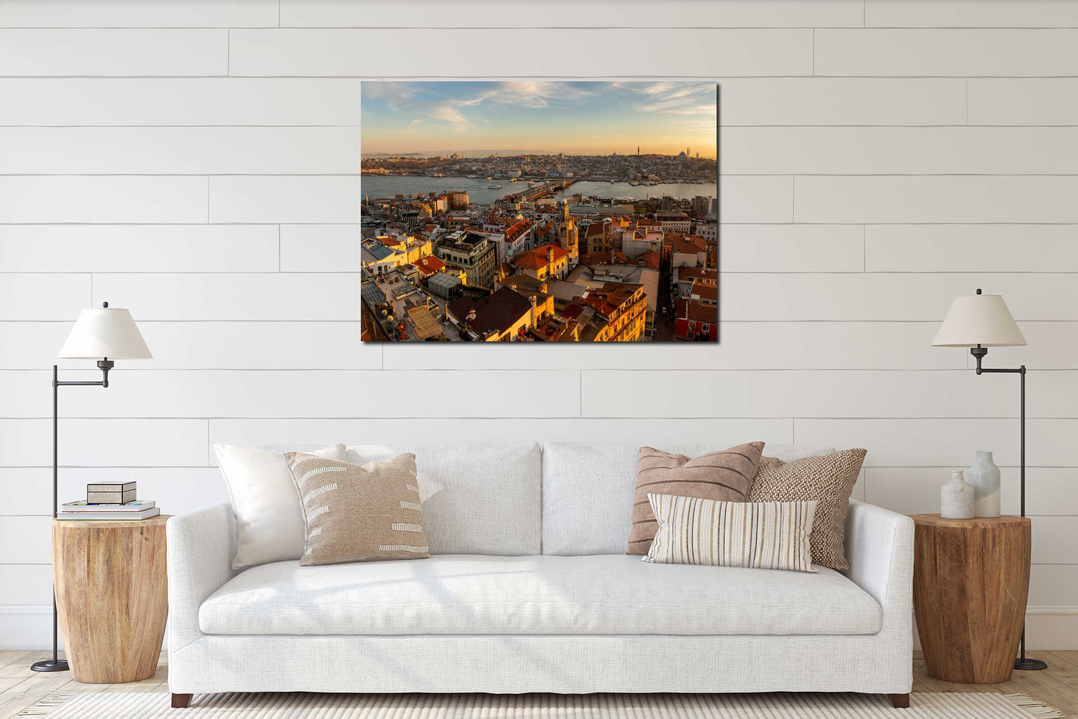 Sunset over the Istanbul landscape. Galata Bridge. interior mockup