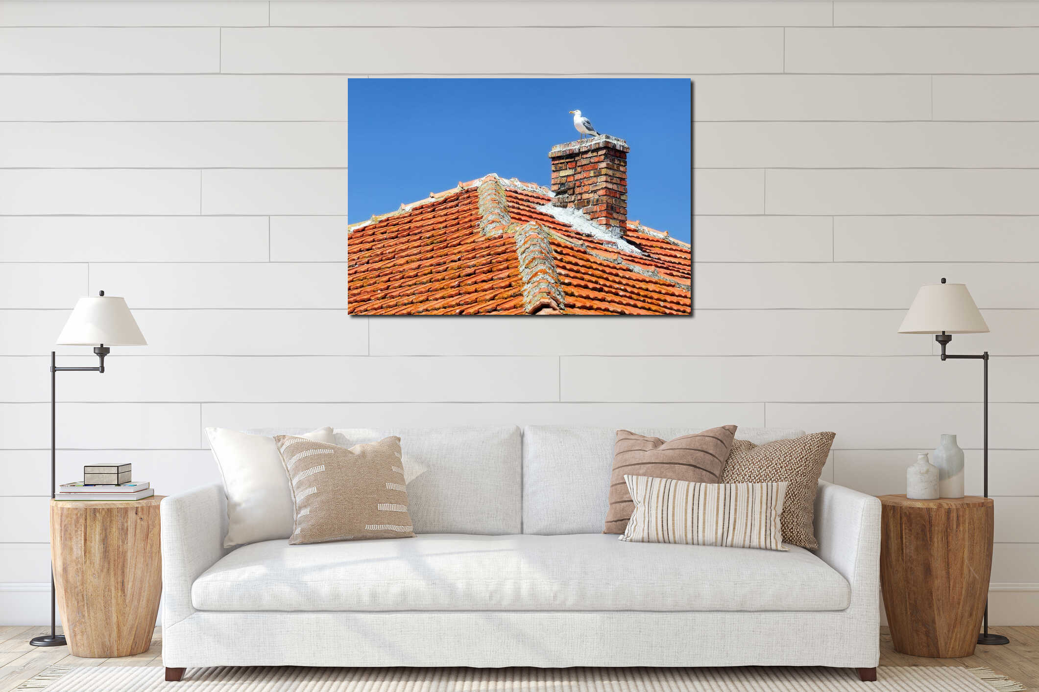 Seagull sitting on a chimney of building interior mockup