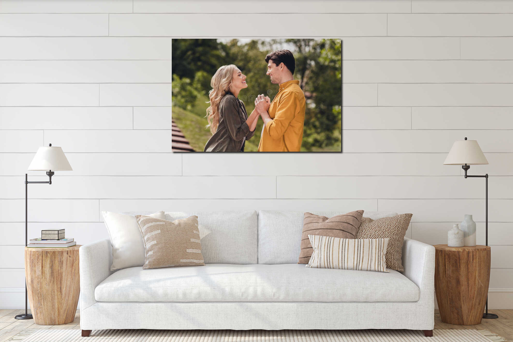 Profile side view portrait of beautiful handsome tender couple holding hands pastime honey moon outdoors interior mockup