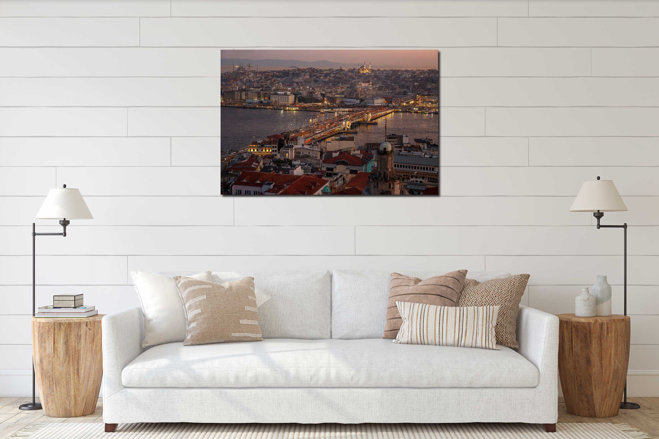 Sunset over the Istanbul landscape. Galata Bridge. interior mockup