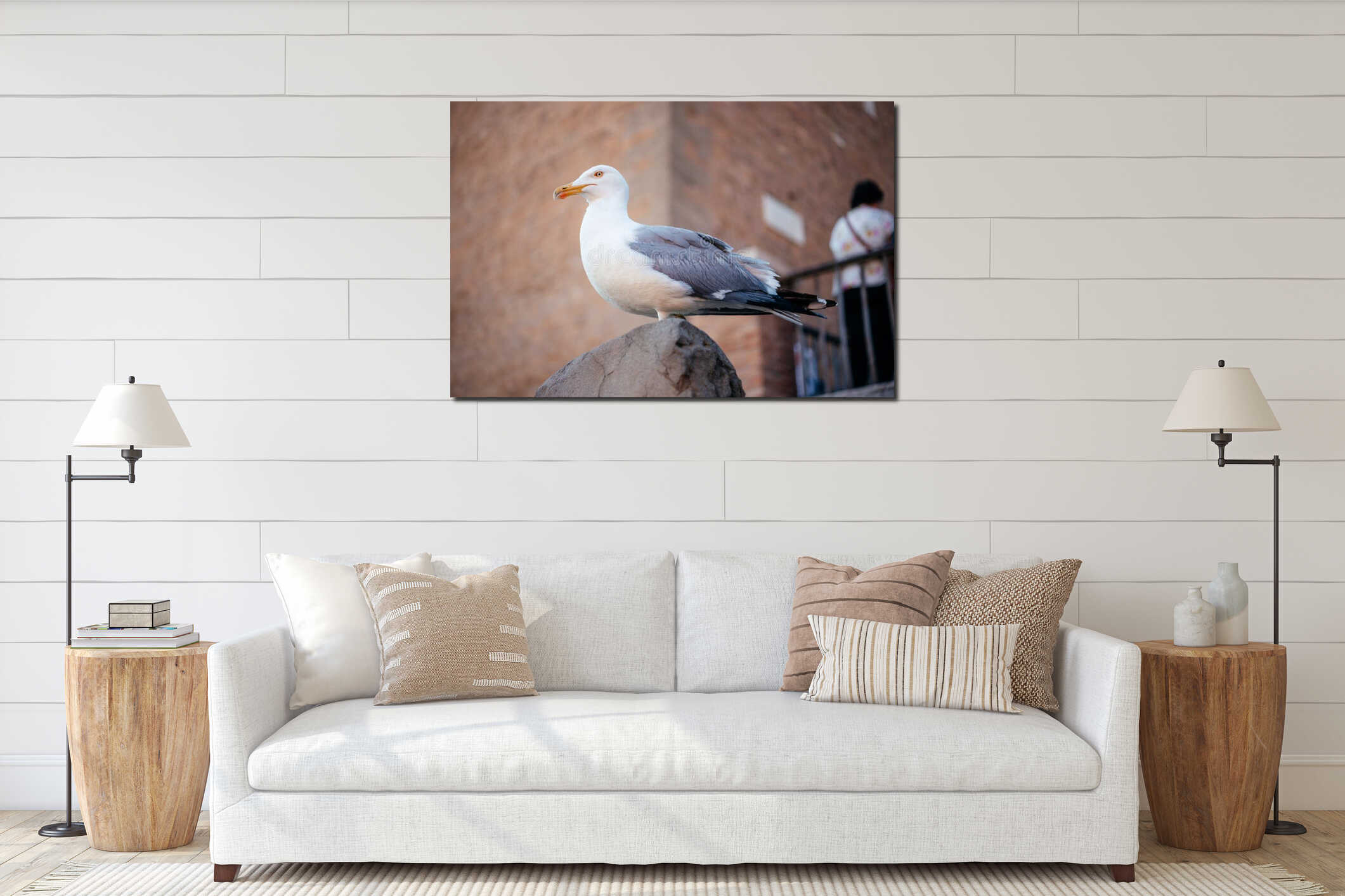 Close-up of a seagull sitting on the ruins of a forum in Rome interior mockup