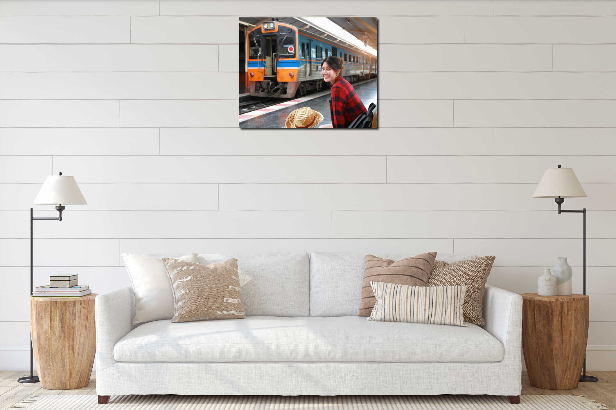 Summer, Travel, Vacation, Relax,  A smiling female tourist looks at the train station for a summer vacation, travel concept interior mockup