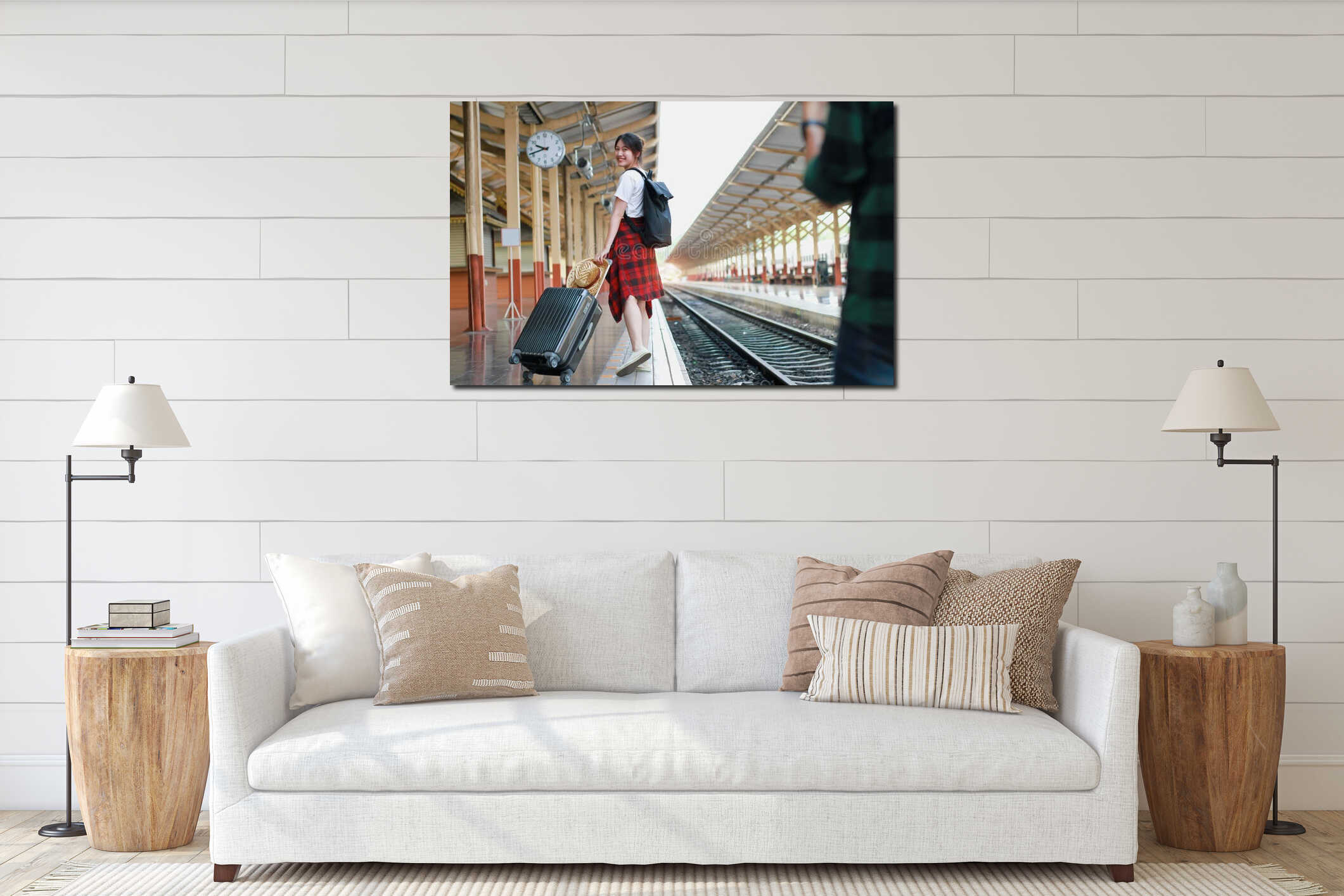 Summer, Travel, Vacation, Relax,  A smiling female tourist looks at the train station for a summer vacation, travel concept interior mockup