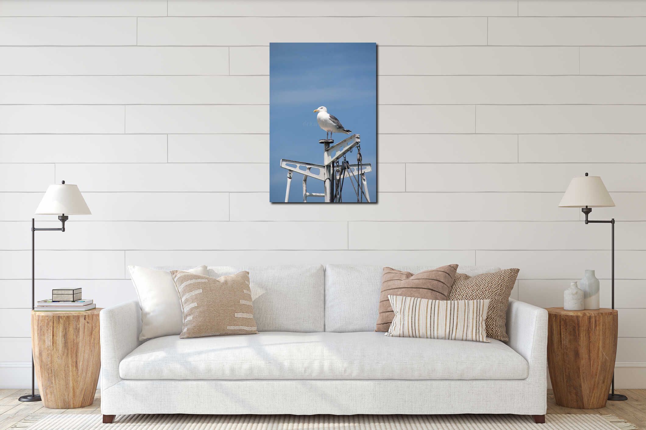 White seagull on a boat mast against blue sky interior mockup