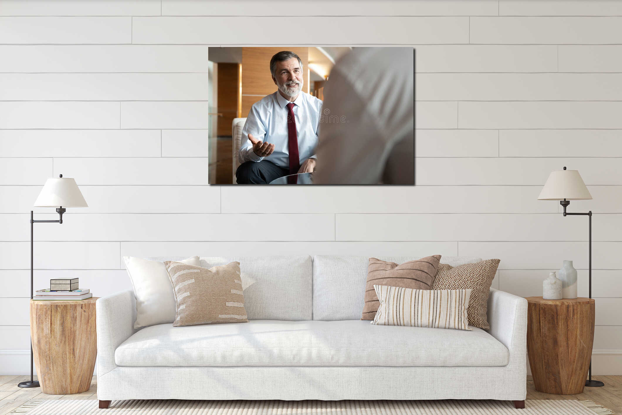 Business meeting. Two business people sitting in front of each other in the office while discussing something. interior mockup