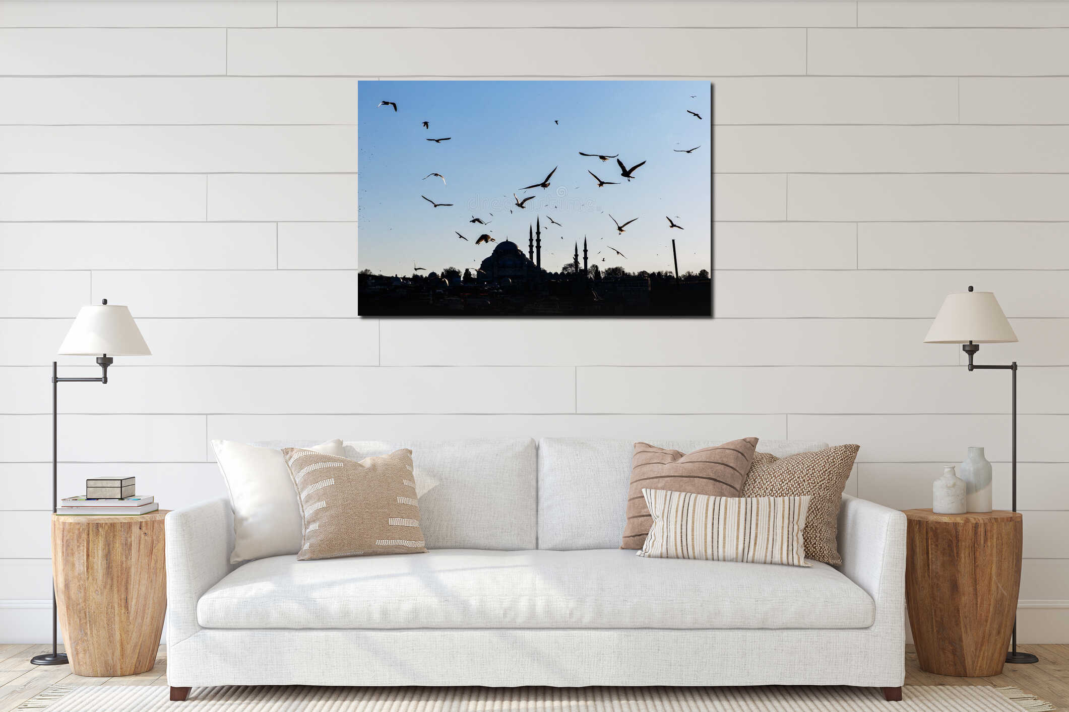 Istanbul cityscape - Suleymaniye Mosque with a flock of birds interior mockup