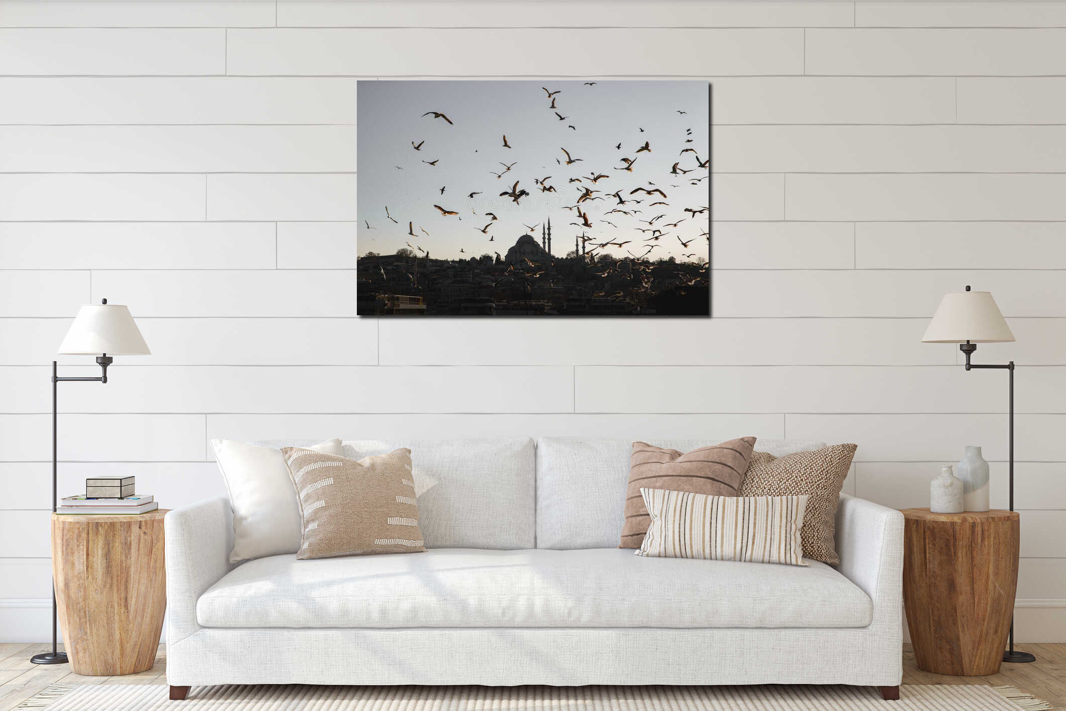 Istanbul cityscape - Suleymaniye Mosque with a flock of birds interior mockup