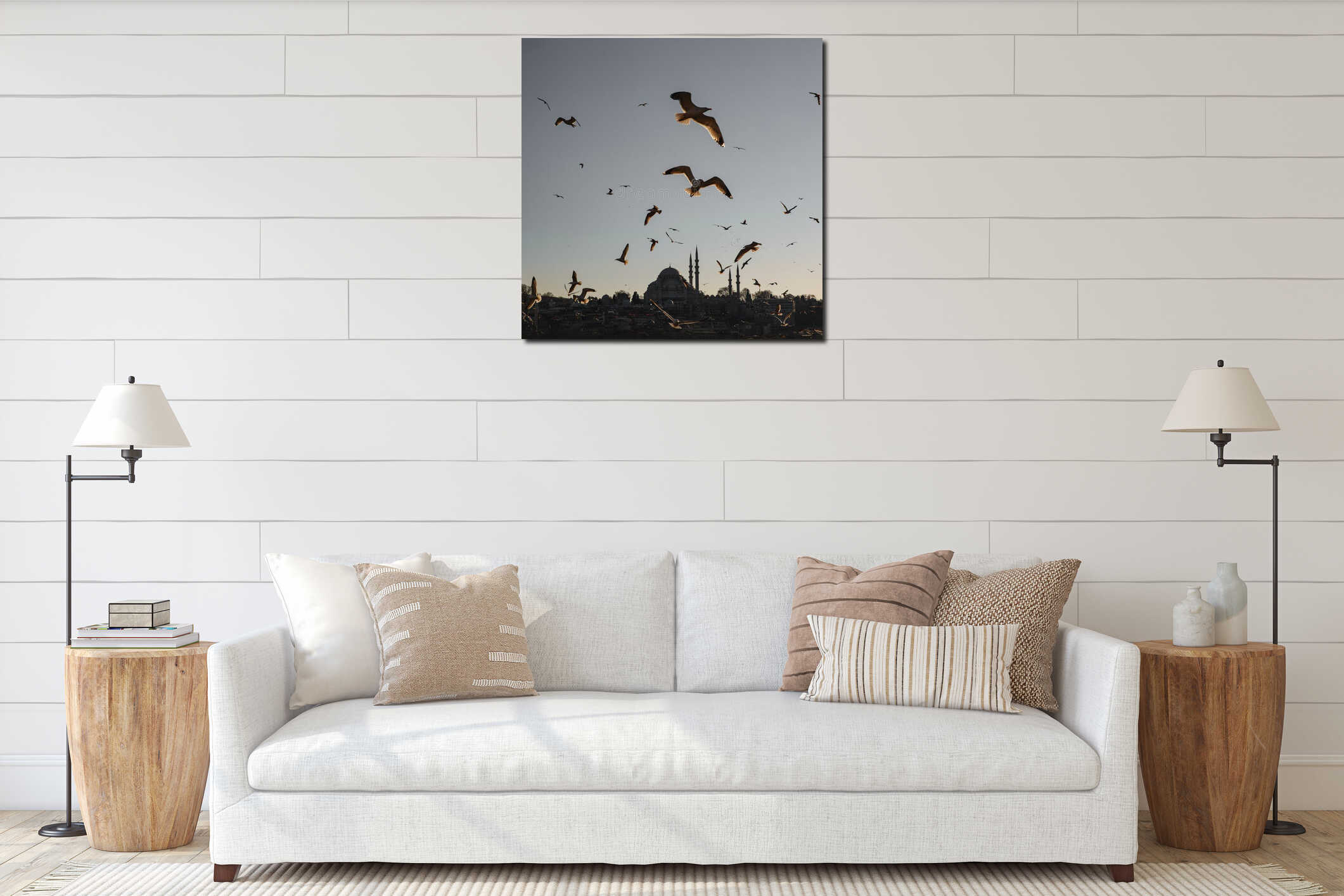 Istanbul cityscape - Suleymaniye Mosque with a flock of birds interior mockup