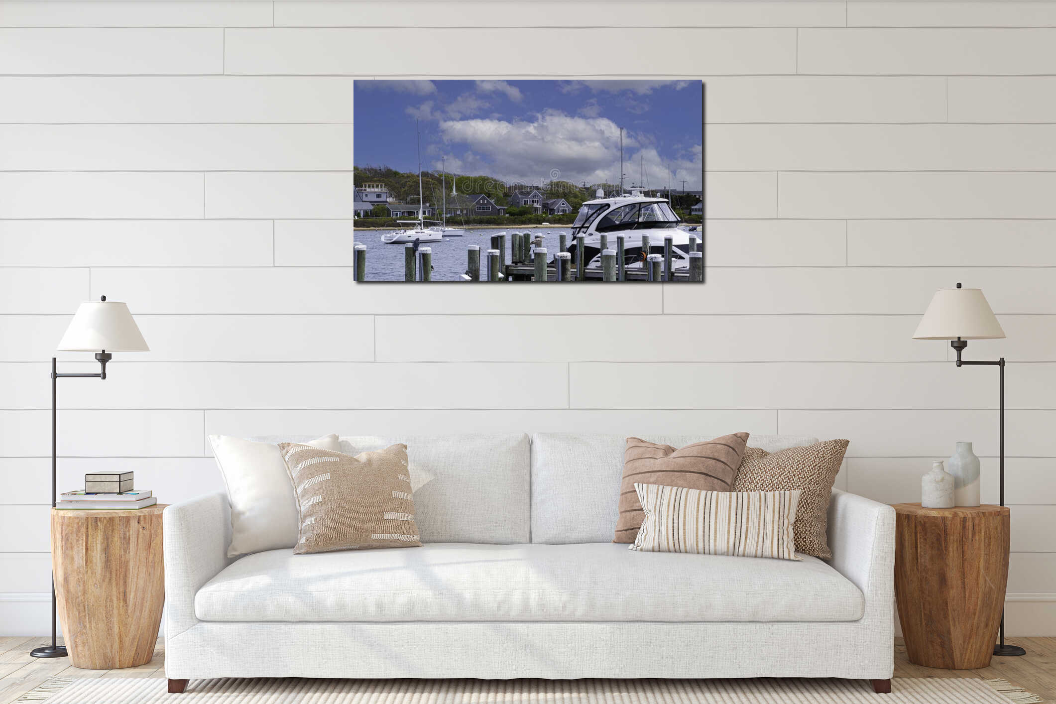 Boat docked at pier on Cape Cod, Massachusetts interior mockup