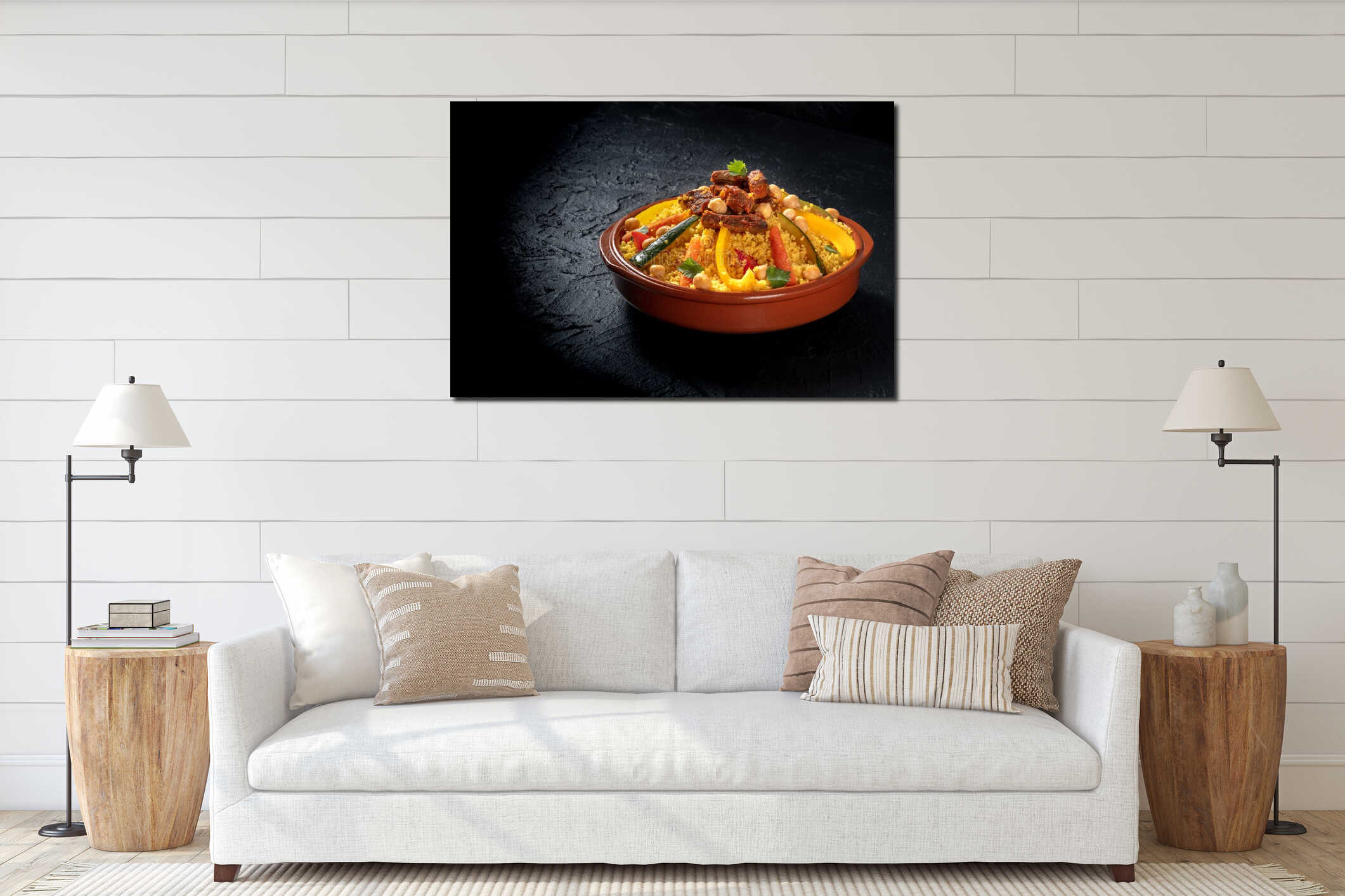 Meat and vegetable couscous, festive African food, on a dark background interior mockup