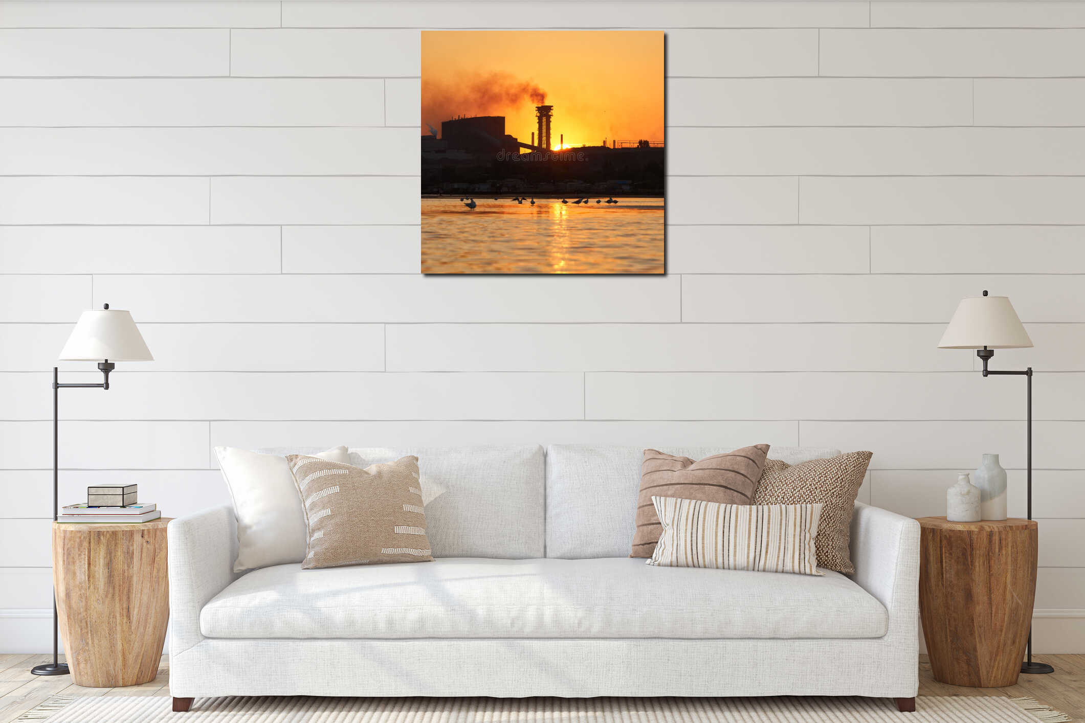 Dramatic Sea sunset over the Azovstal plant in Mariupol city interior mockup