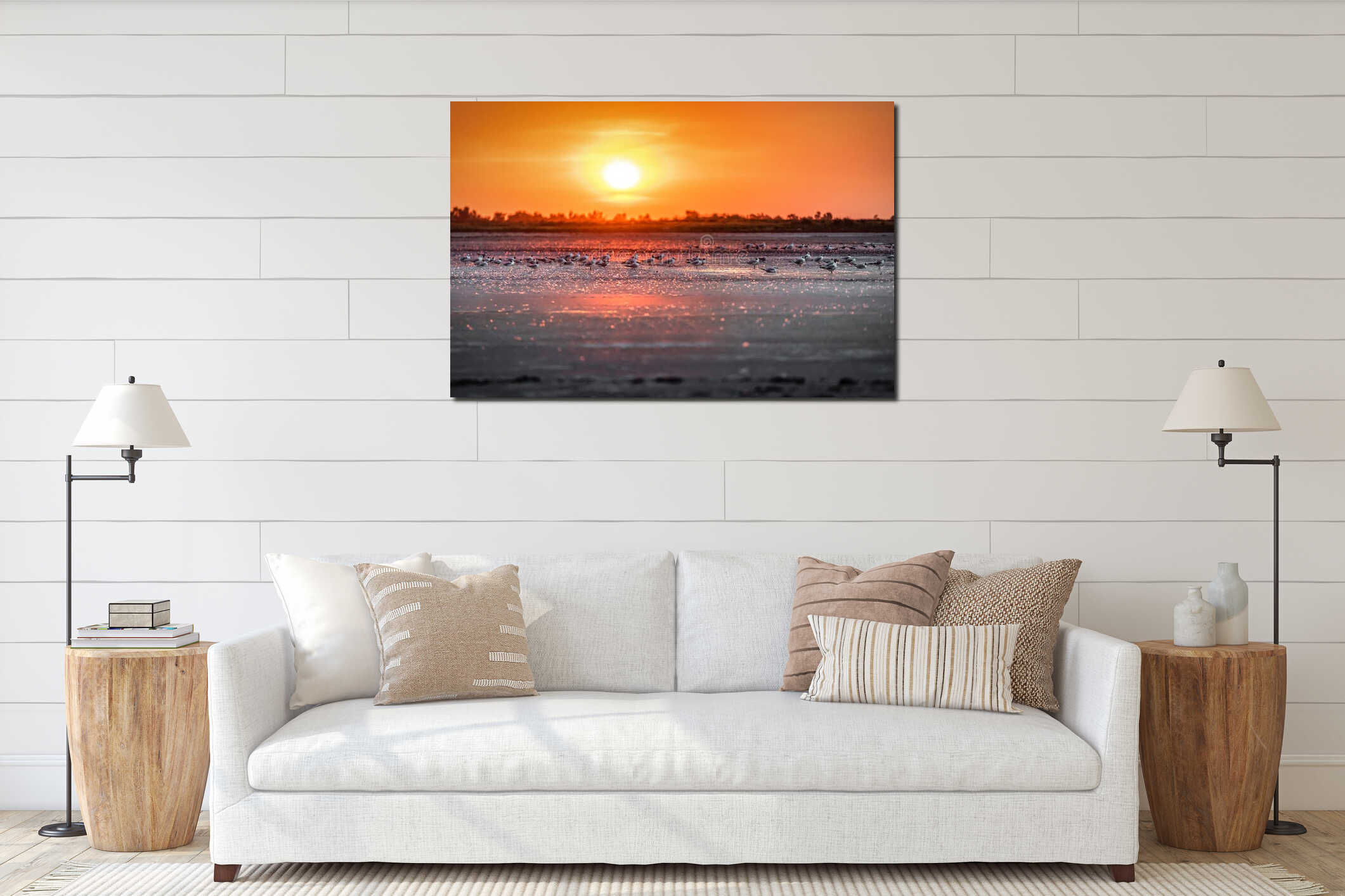 Birds on the dry salty lake on sunset interior mockup