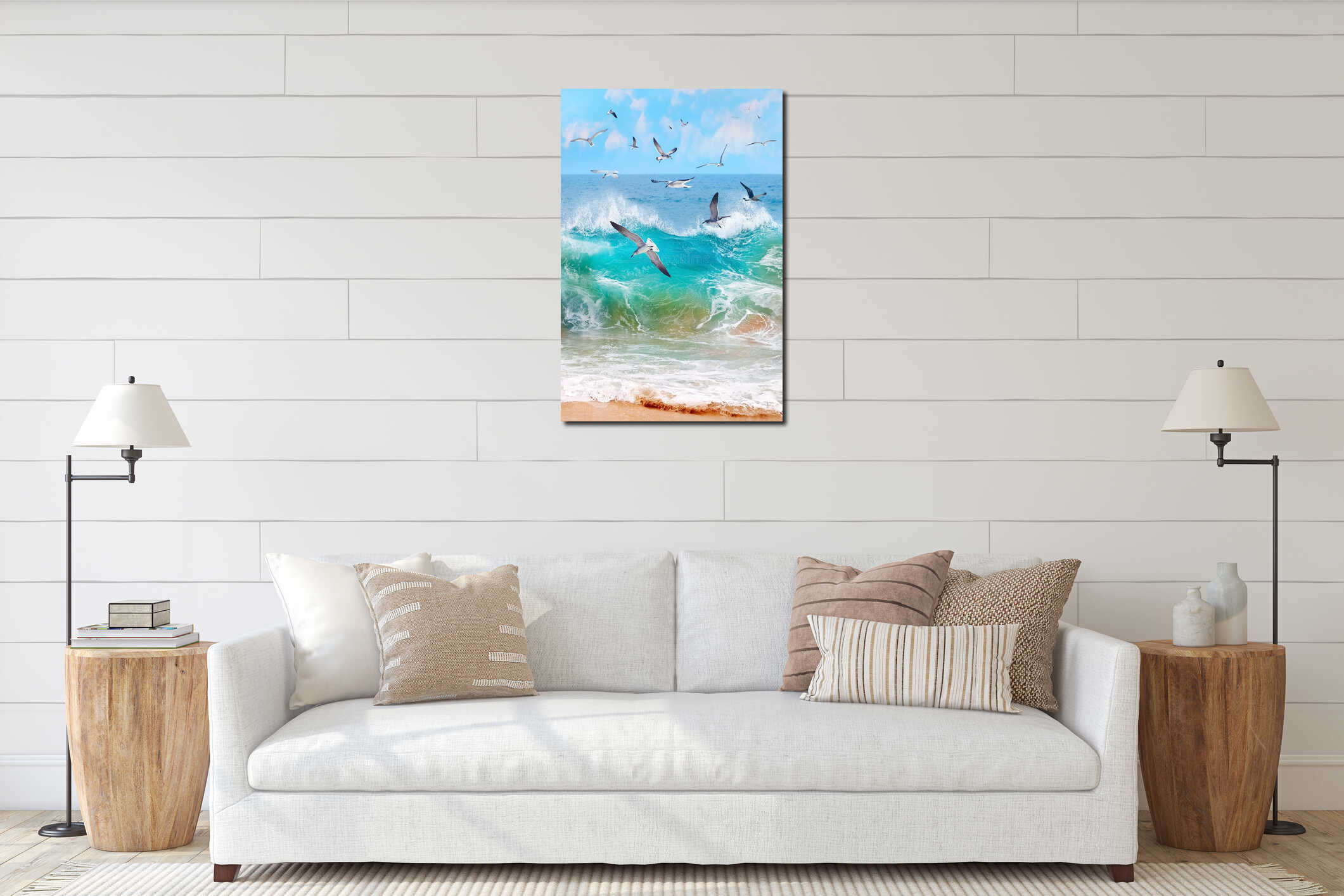 Mexico. Baja California Sur. Ocean storm and flying seagulls. Seascape. interior mockup