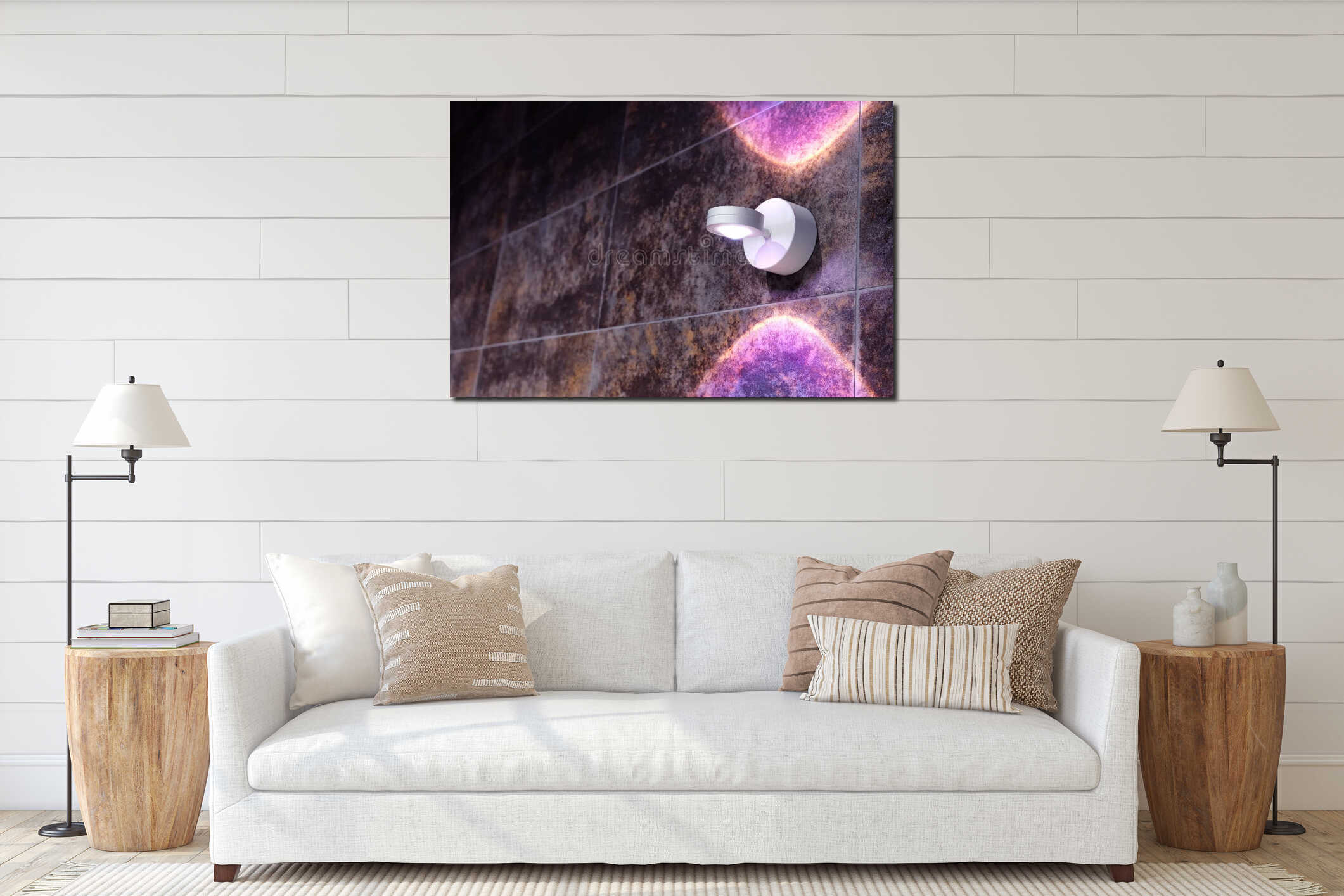 White flat sconce that shines up and down, splashes light on a bare marble wall, decorated in a loft style interior mockup