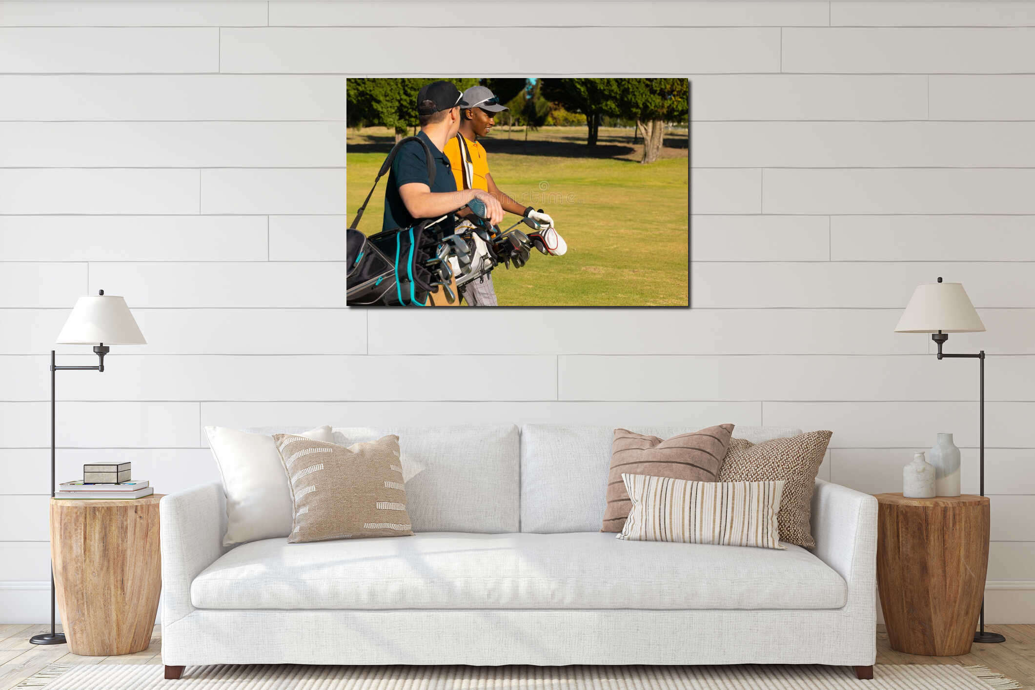 Side view of multiracial young male friends wearing caps with golf bags walking at golf course interior mockup