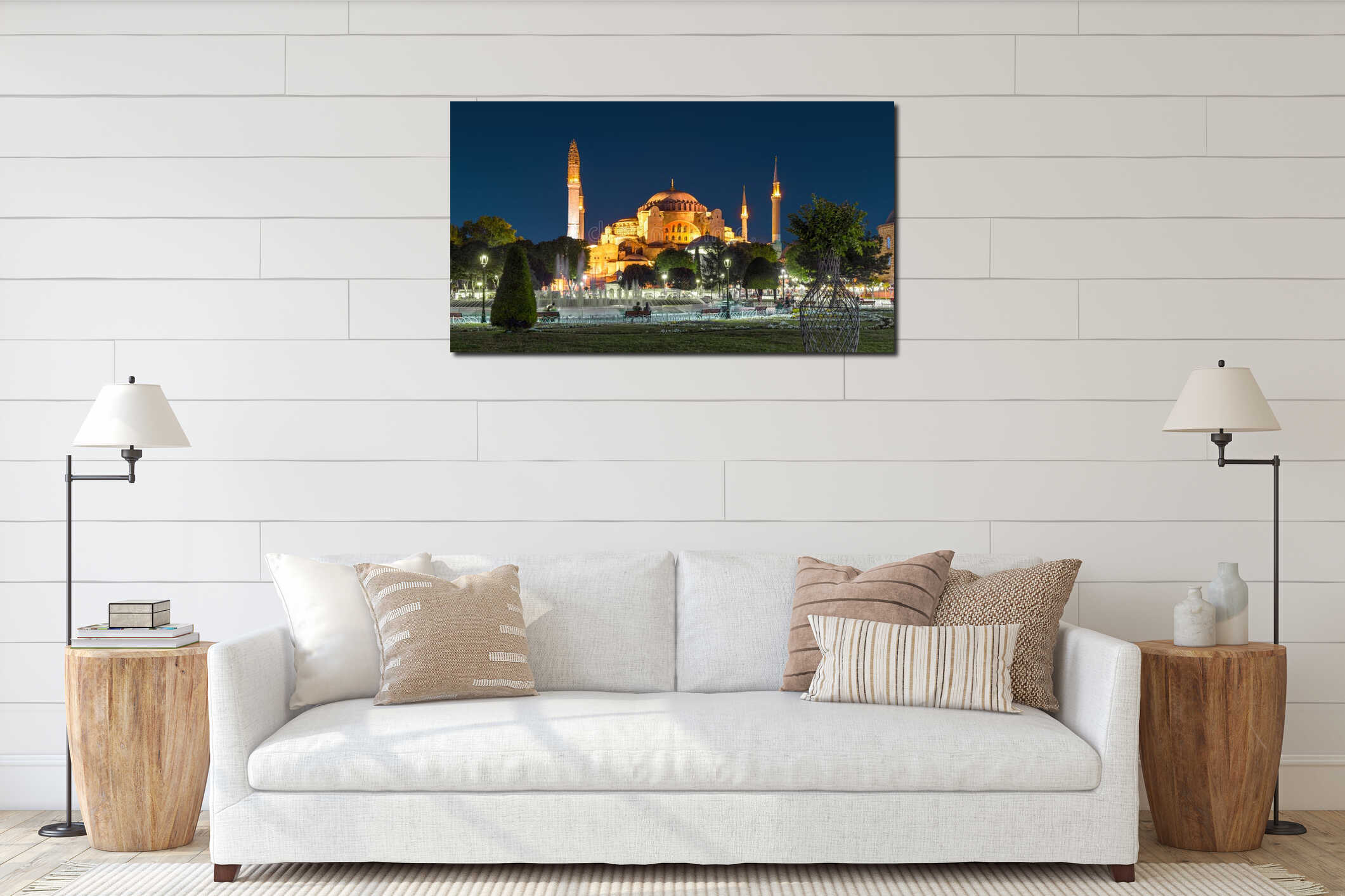 Panorama of Hagia Sophia mosque at night, Istanbul, Turkey interior mockup